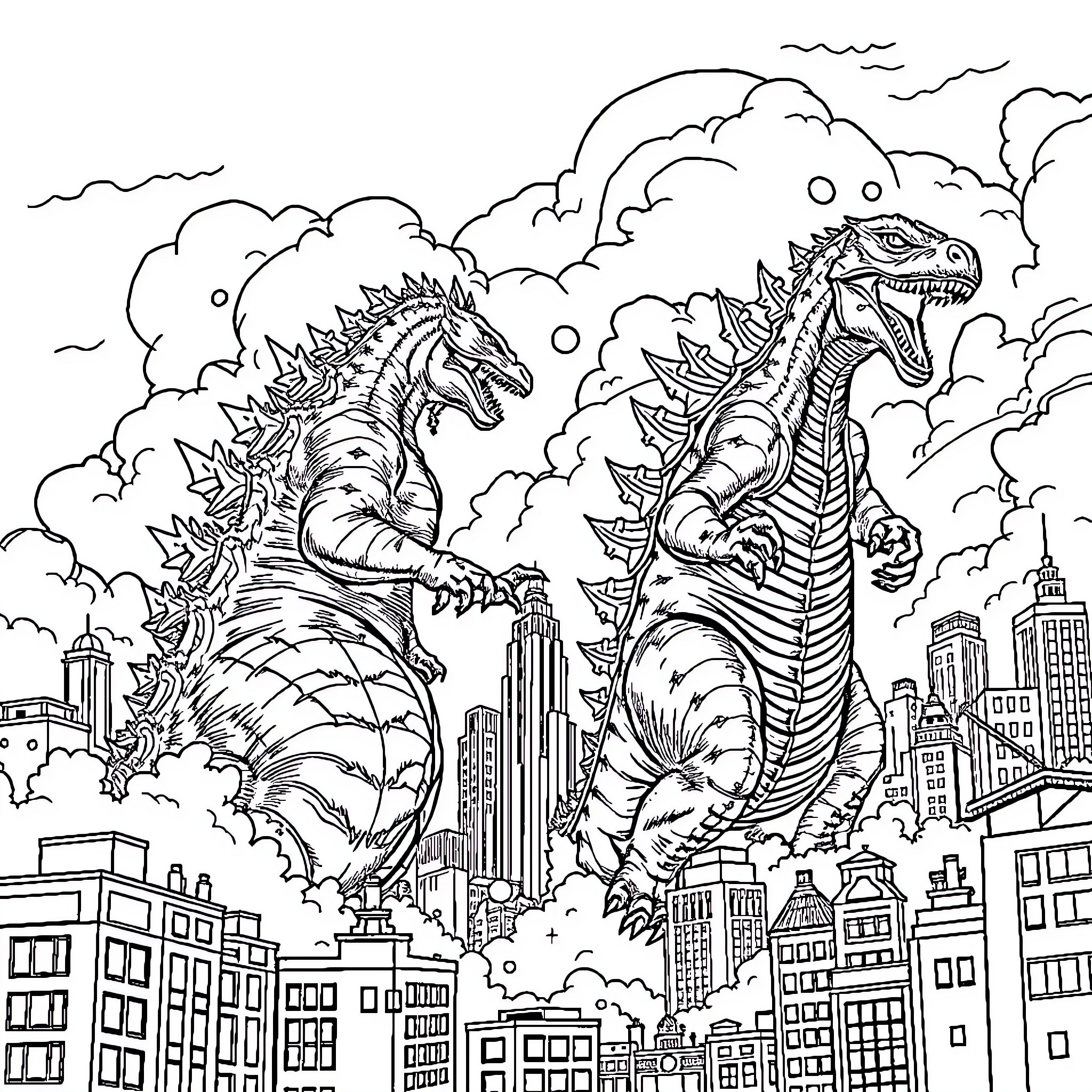 Godzilla and Kaiju Battle in City Skyline Coloring Page (free black-and-white line drawing printable PDF for all, from beginners to advanced learners, including children, teens, adults, and seniors)