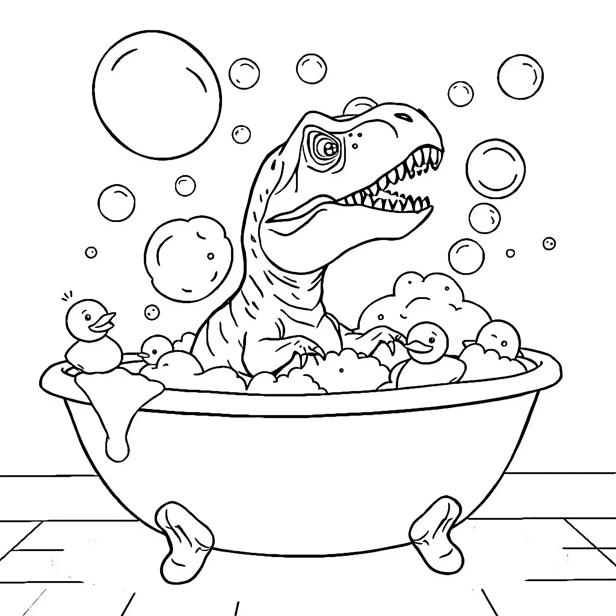 Velociraptor enjoying a bubbly bath with ducklings Coloring Page (free black-and-white line drawing printable PDF for all, from beginners to advanced learners, including children, teens, adults, and seniors)