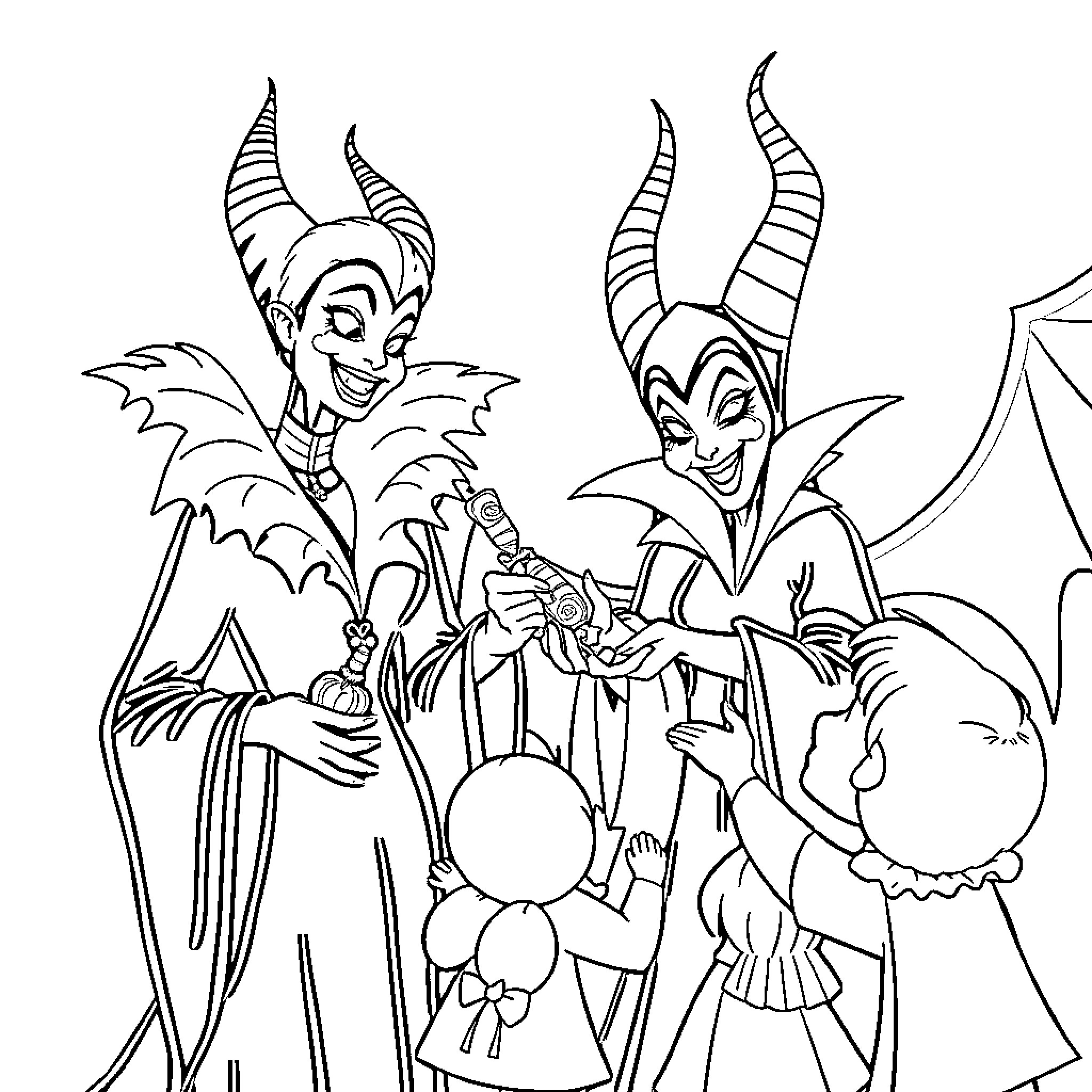 Cruella De Vil and Maleficent's Mischievous Antics Coloring Page (free black-and-white line drawing printable PDF for all, from beginners to advanced learners, including children, teens, adults, and seniors)