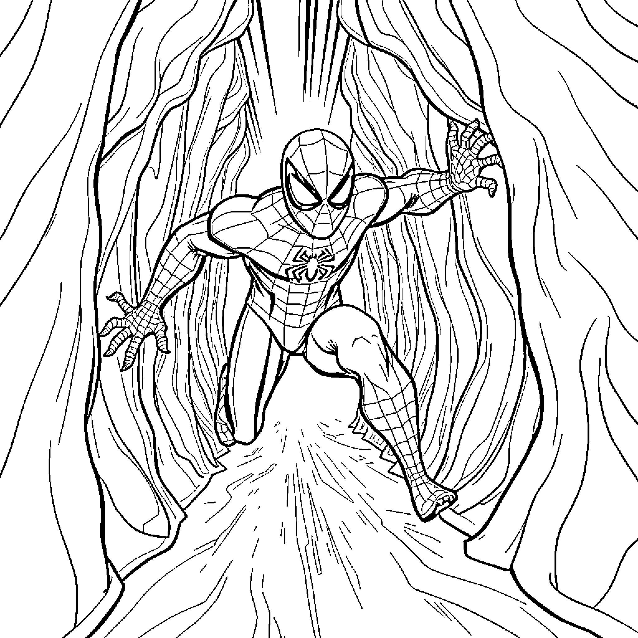 Spider-Man Swinging Through City Skyline Coloring Page (free black-and-white line drawing printable PDF for all, from beginners to advanced learners, including children, teens, adults, and seniors)