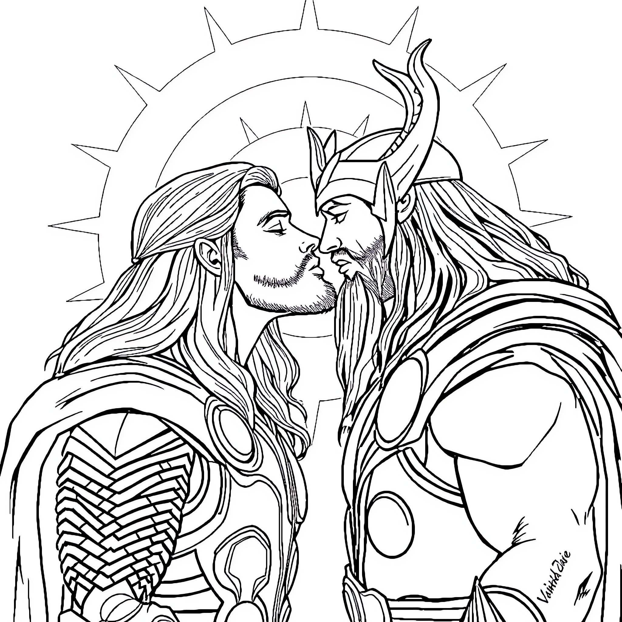 Thor's Heroic Encounter with the Mighty Asgardian Coloring Page (free black-and-white line drawing printable PDF for all, from beginners to advanced learners, including children, teens, adults, and seniors)