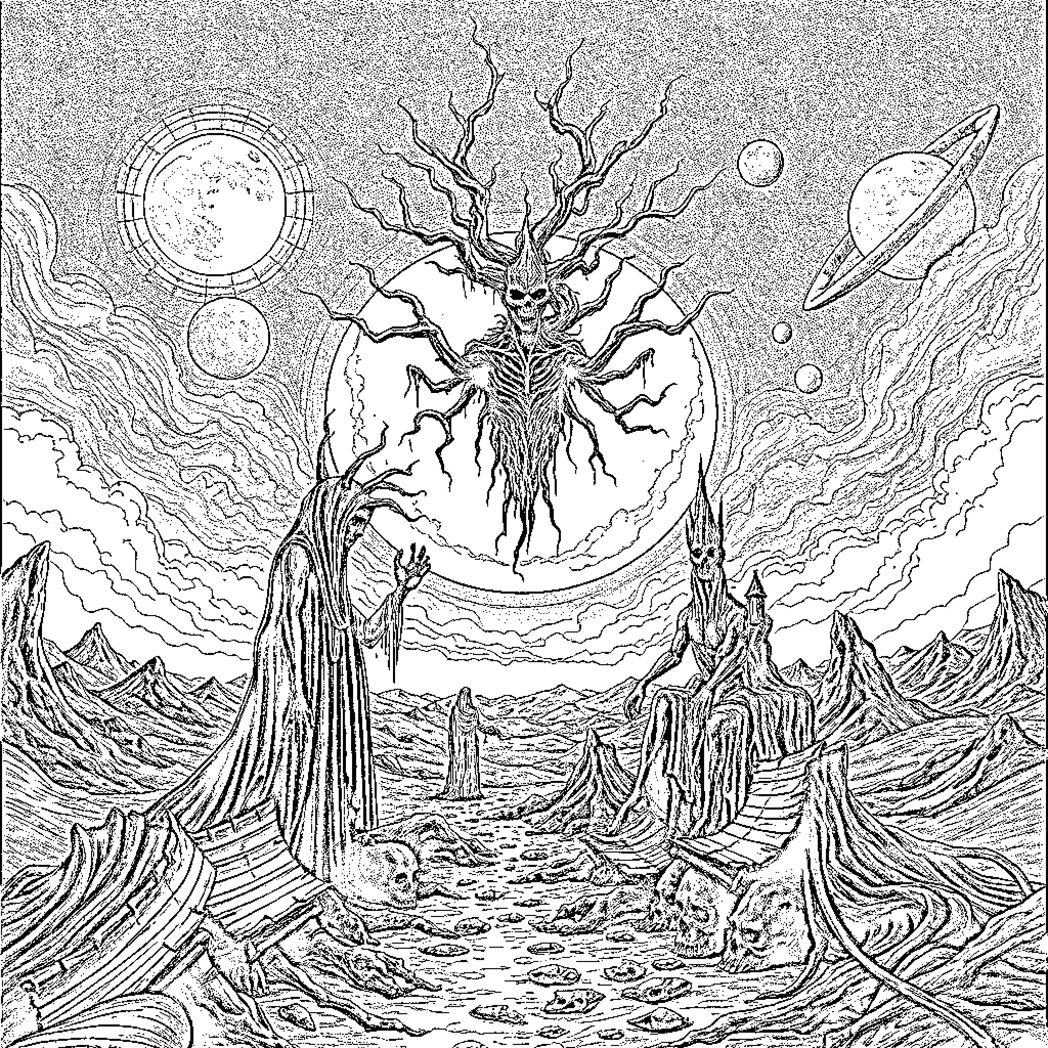 Beksiński's Cosmic Nightmare: Surreal Landscape of Darkness Coloring Page (free black-and-white line drawing printable PDF for all, from beginners to advanced learners, including children, teens, adults, and seniors)