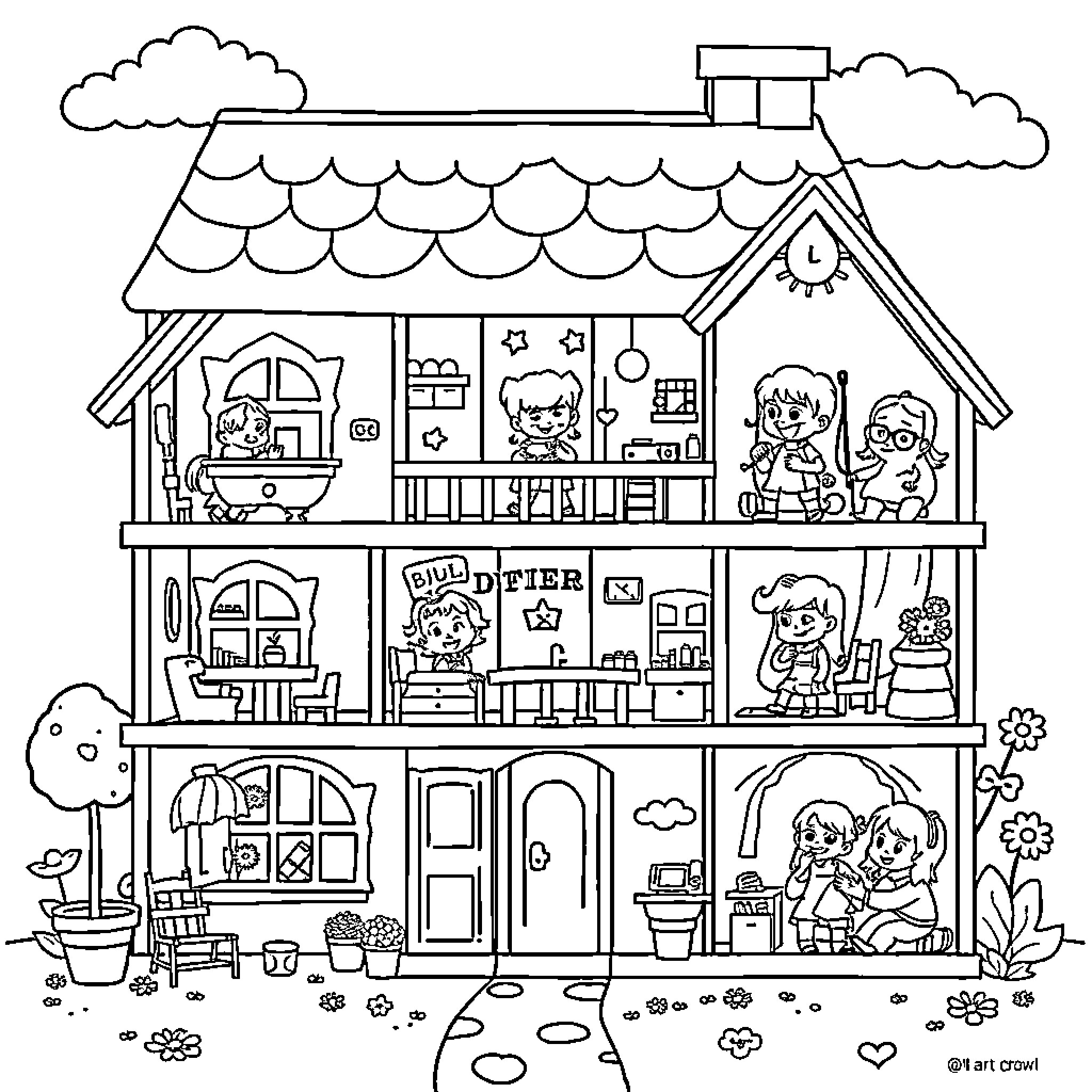Dollhouse with Families Playing and Interacting Coloring Page (free black-and-white line drawing printable PDF for all, from beginners to advanced learners, including children, teens, adults, and seniors)