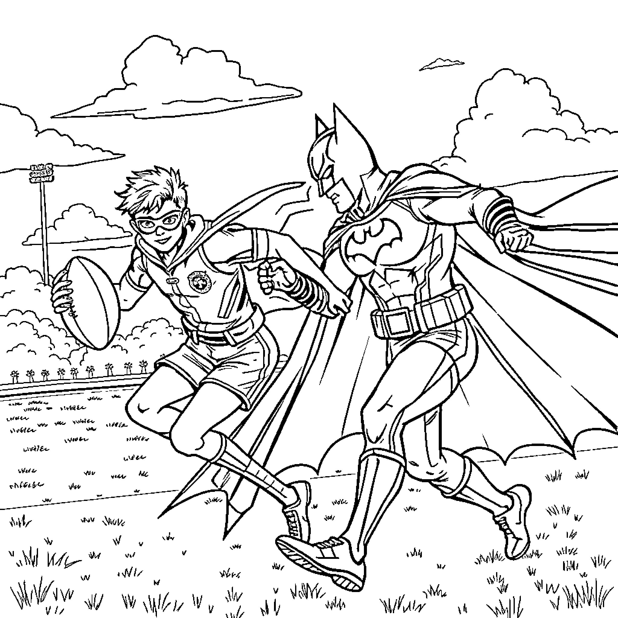 Batman and Robin fighting villains in the city Coloring Page (free black-and-white line drawing printable PDF for all, from beginners to advanced learners, including children, teens, adults, and seniors)