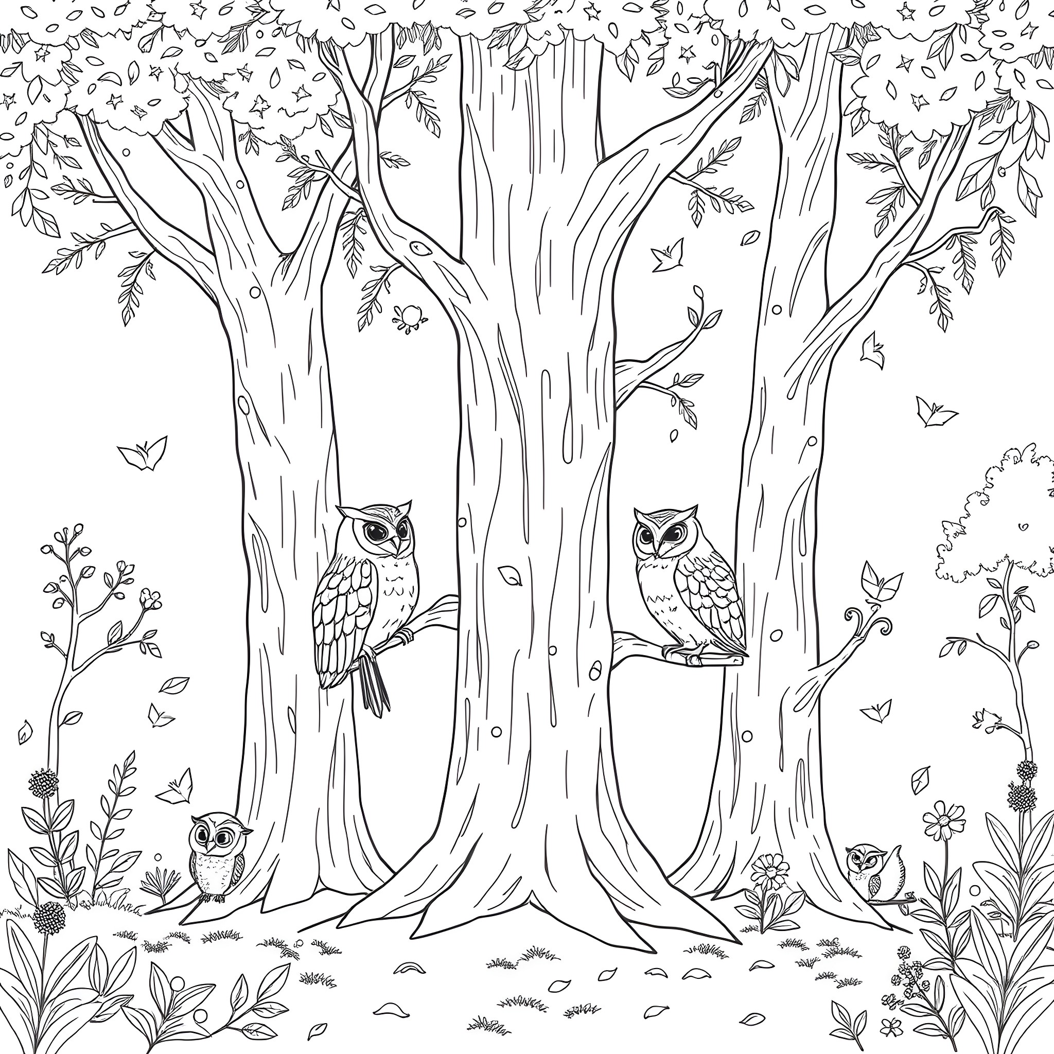 Owl perched in the enchanting forest Coloring Page (free black-and-white line drawing printable PDF for all, from beginners to advanced learners, including children, teens, adults, and seniors)