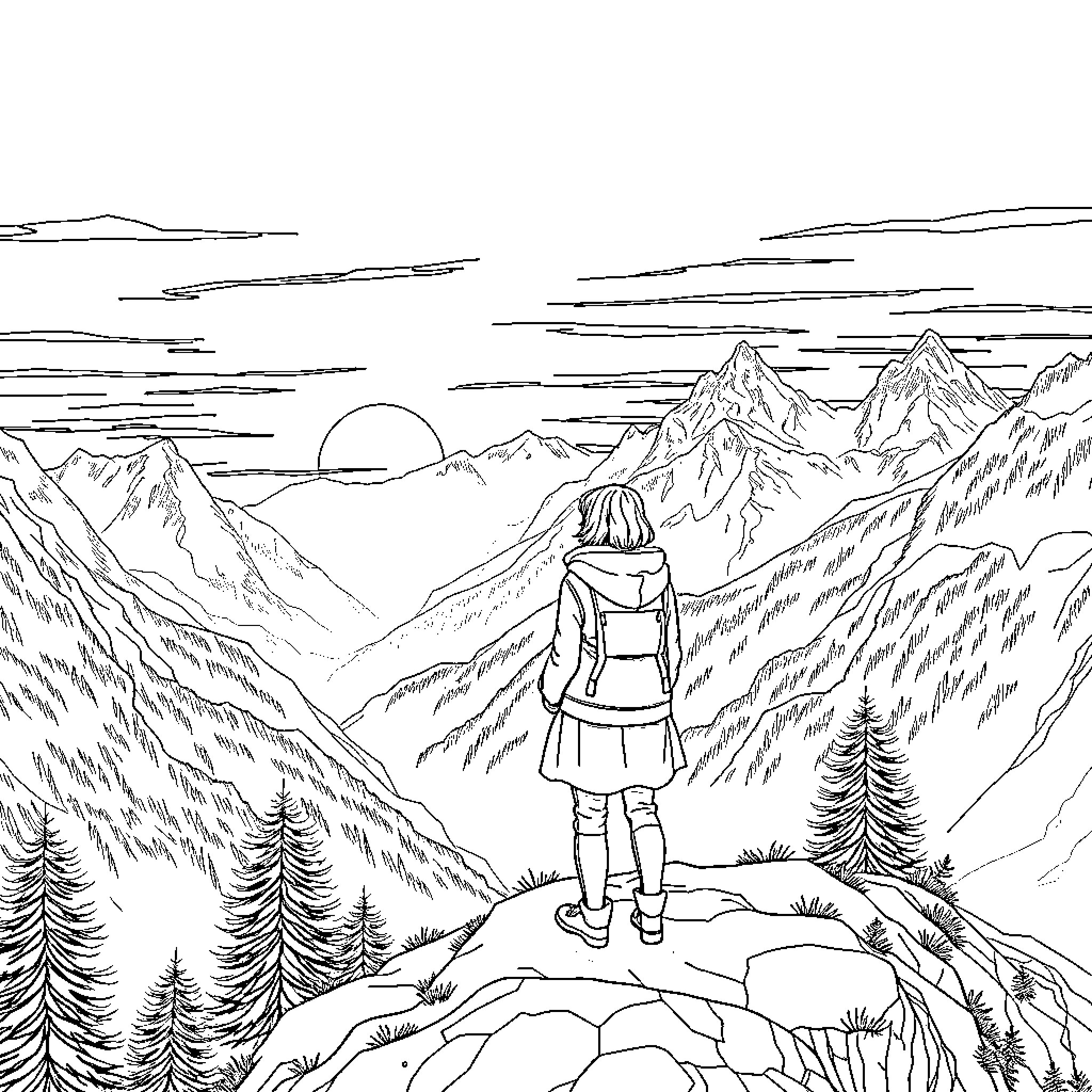 Wall-E explores the majestic mountainous landscape Coloring Page (free black-and-white line drawing printable PDF for all, from beginners to advanced learners, including children, teens, adults, and seniors)