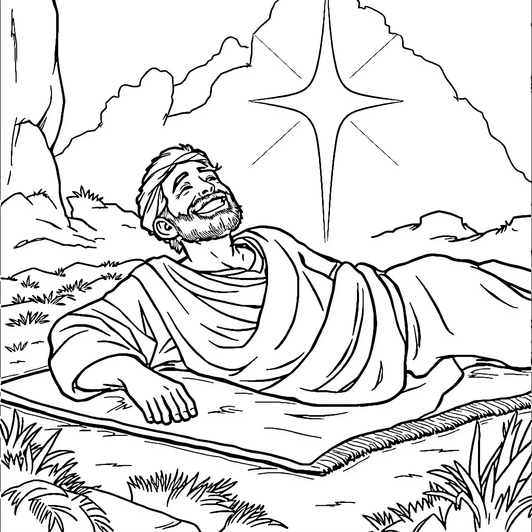 Man resting peacefully in the tranquil outdoors Coloring Page (free black-and-white line drawing printable PDF for all, from beginners to advanced learners, including children, teens, adults, and seniors)