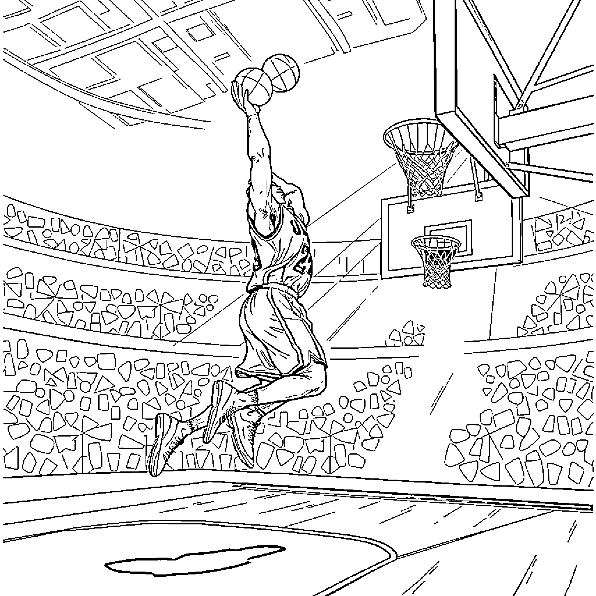 Kobe Bryant Dunking Basketball in Arena Coloring Page (free black-and-white line drawing printable PDF for all, from beginners to advanced learners, including children, teens, adults, and seniors)