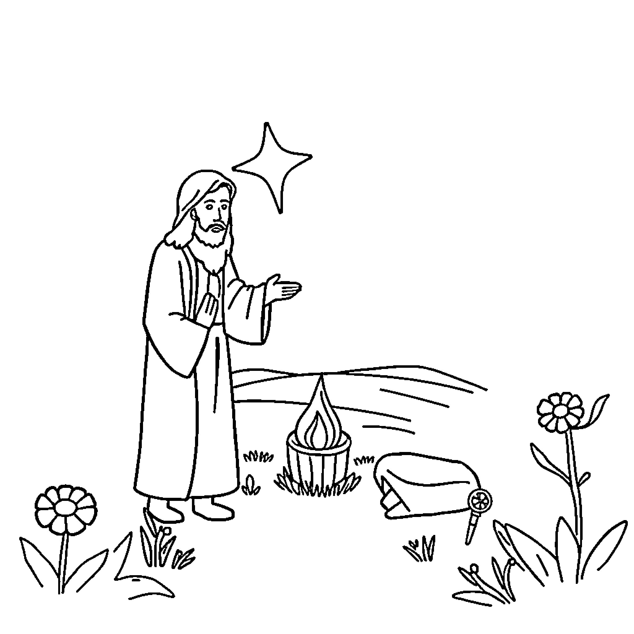 Bible Story of Jesus in Peaceful Nature Coloring Page (free black-and-white line drawing printable PDF for all, from beginners to advanced learners, including children, teens, adults, and seniors)