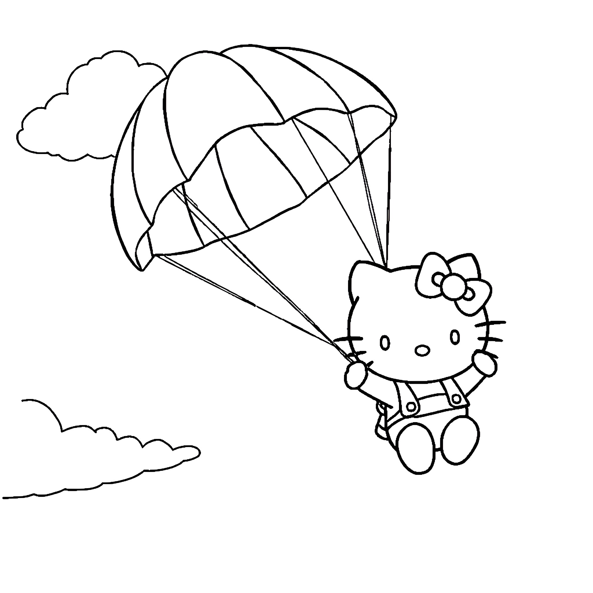 Hello Kitty parachuting in the clouds Coloring Page (free black-and-white line drawing printable PDF for all, from beginners to advanced learners, including children, teens, adults, and seniors)