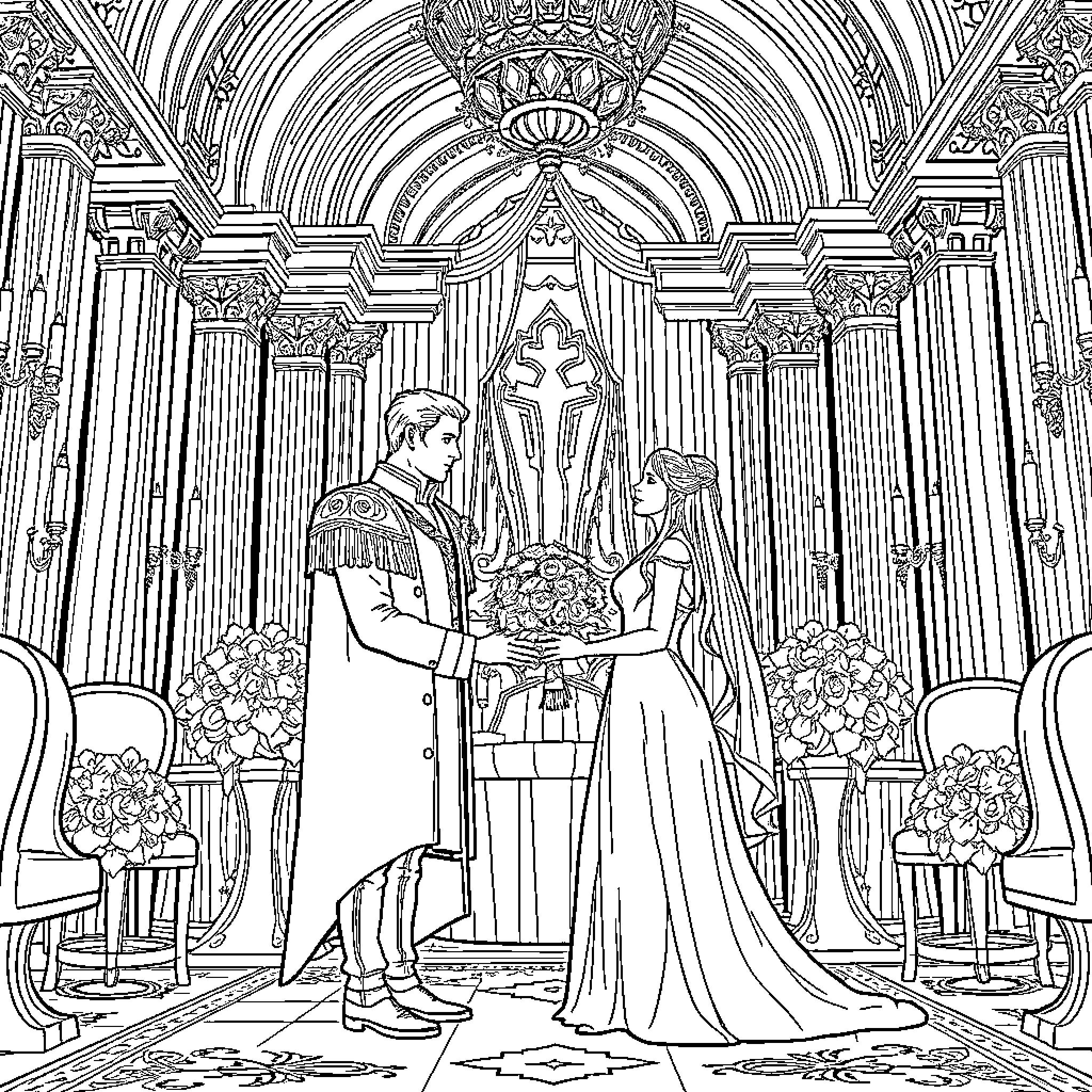 Daemon Targaryen's Royal Wedding Ceremony Coloring Page (free black-and-white line drawing printable PDF for all, from beginners to advanced learners, including children, teens, adults, and seniors)