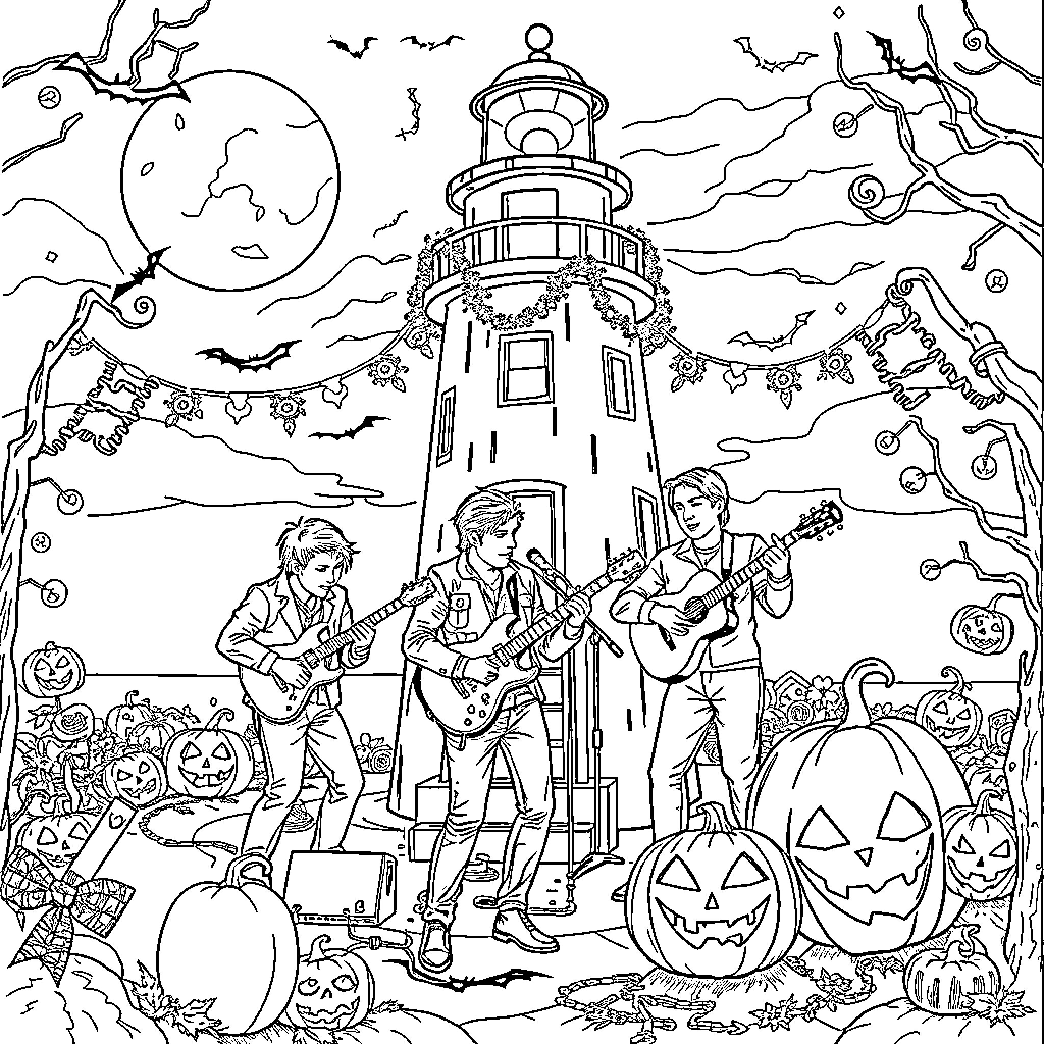 Nsync performing at a spooky Halloween concert Coloring Page (free black-and-white line drawing printable PDF for all, from beginners to advanced learners, including children, teens, adults, and seniors)