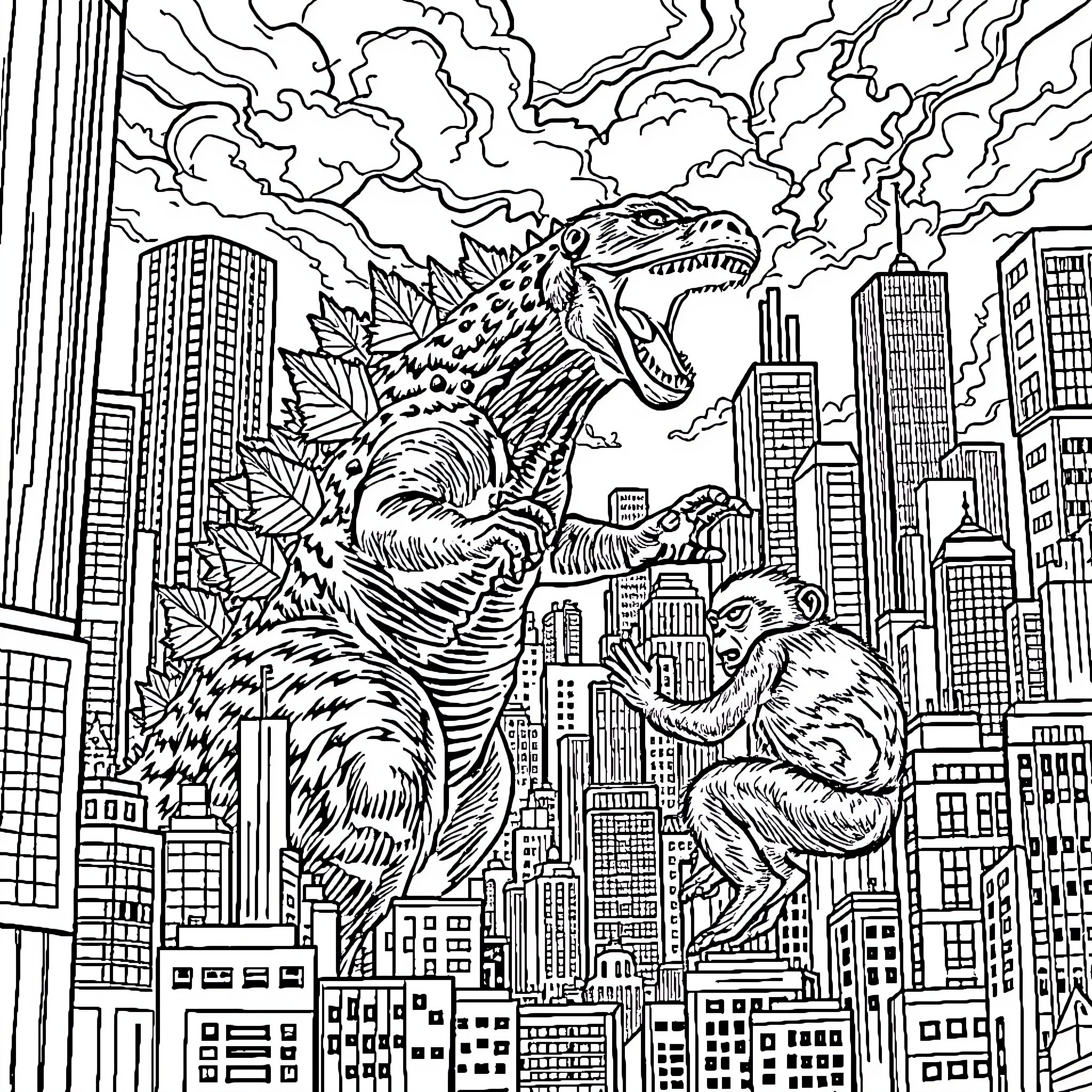 Gojira terrorizing the city with a monkey in its grasp Coloring Page (free black-and-white line drawing printable PDF for all, from beginners to advanced learners, including children, teens, adults, and seniors)