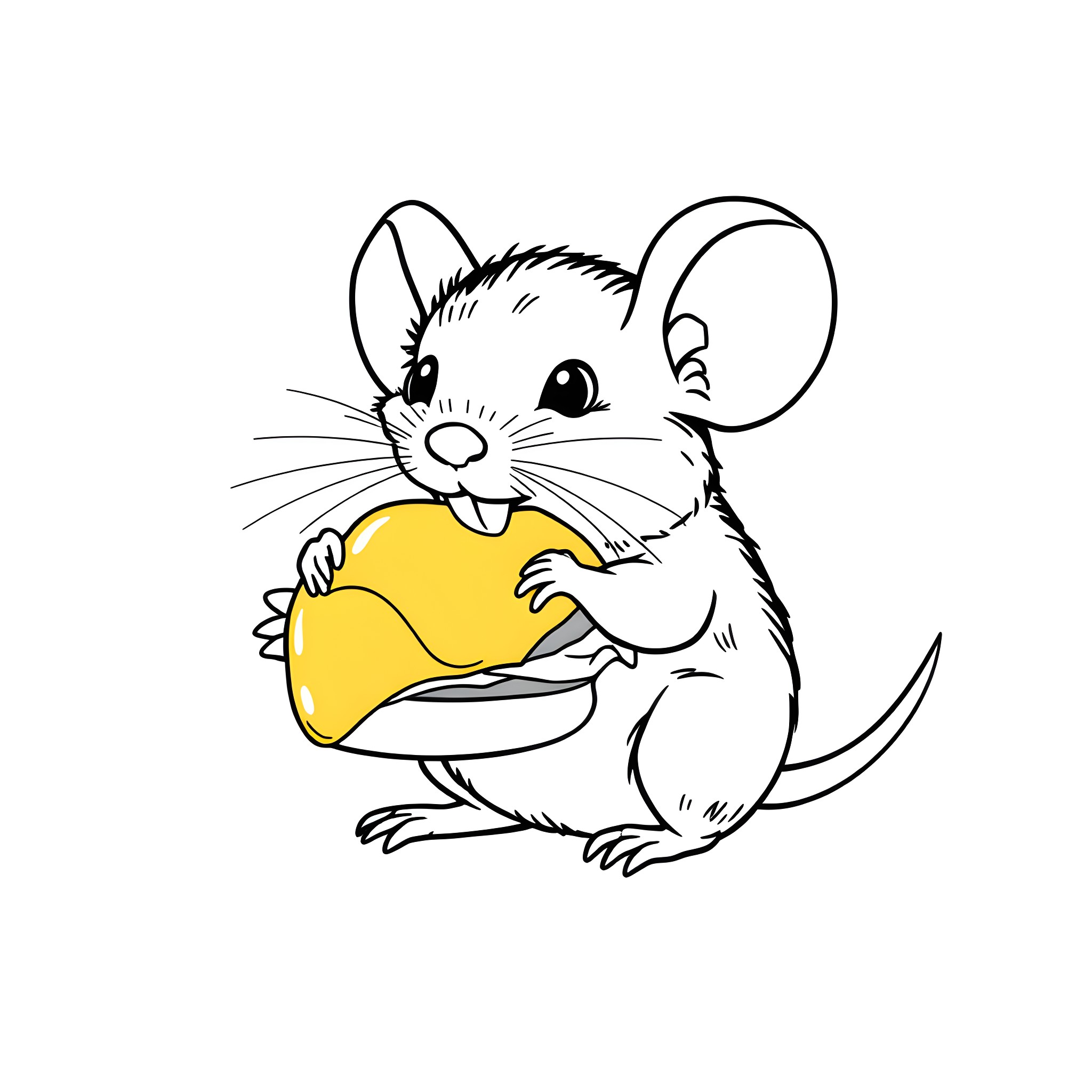 Mouse nibbling on a cheese wedge Coloring Page (free black-and-white line drawing printable PDF for all, from beginners to advanced learners, including children, teens, adults, and seniors)