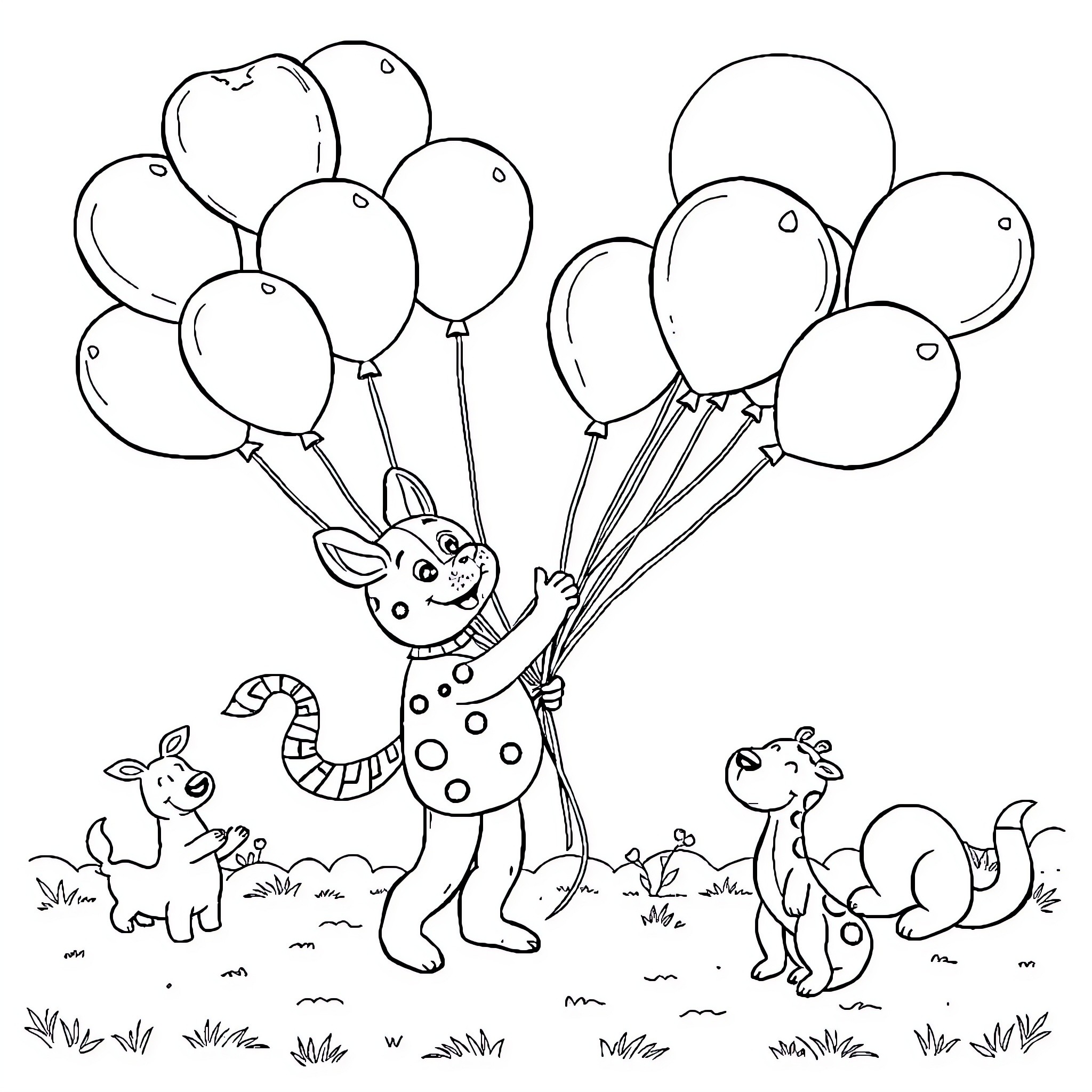 Balloon-toting animals playing in a field Coloring Page (free black-and-white line drawing printable PDF for all, from beginners to advanced learners, including children, teens, adults, and seniors)