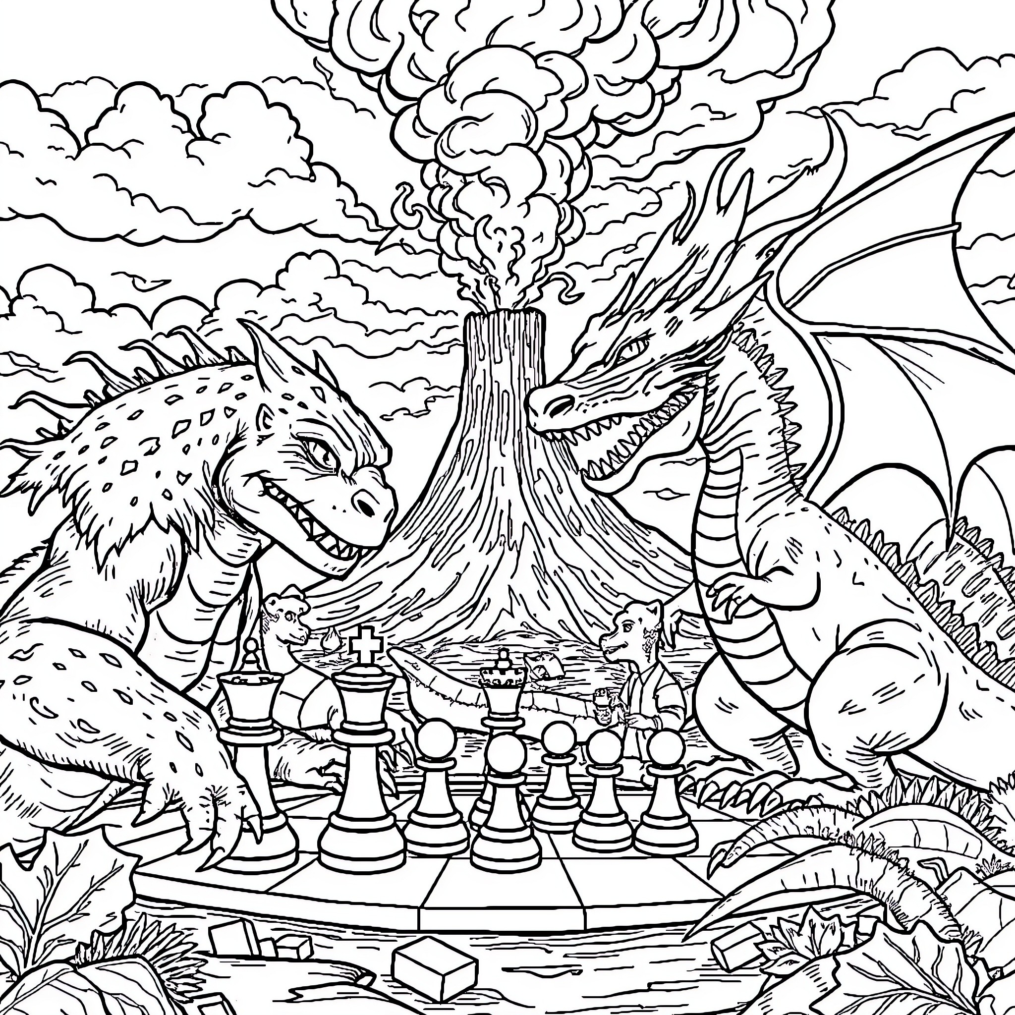Monster Dragons Engaging in Epic Chess Battle Coloring Page (free black-and-white line drawing printable PDF for all, from beginners to advanced learners, including children, teens, adults, and seniors)