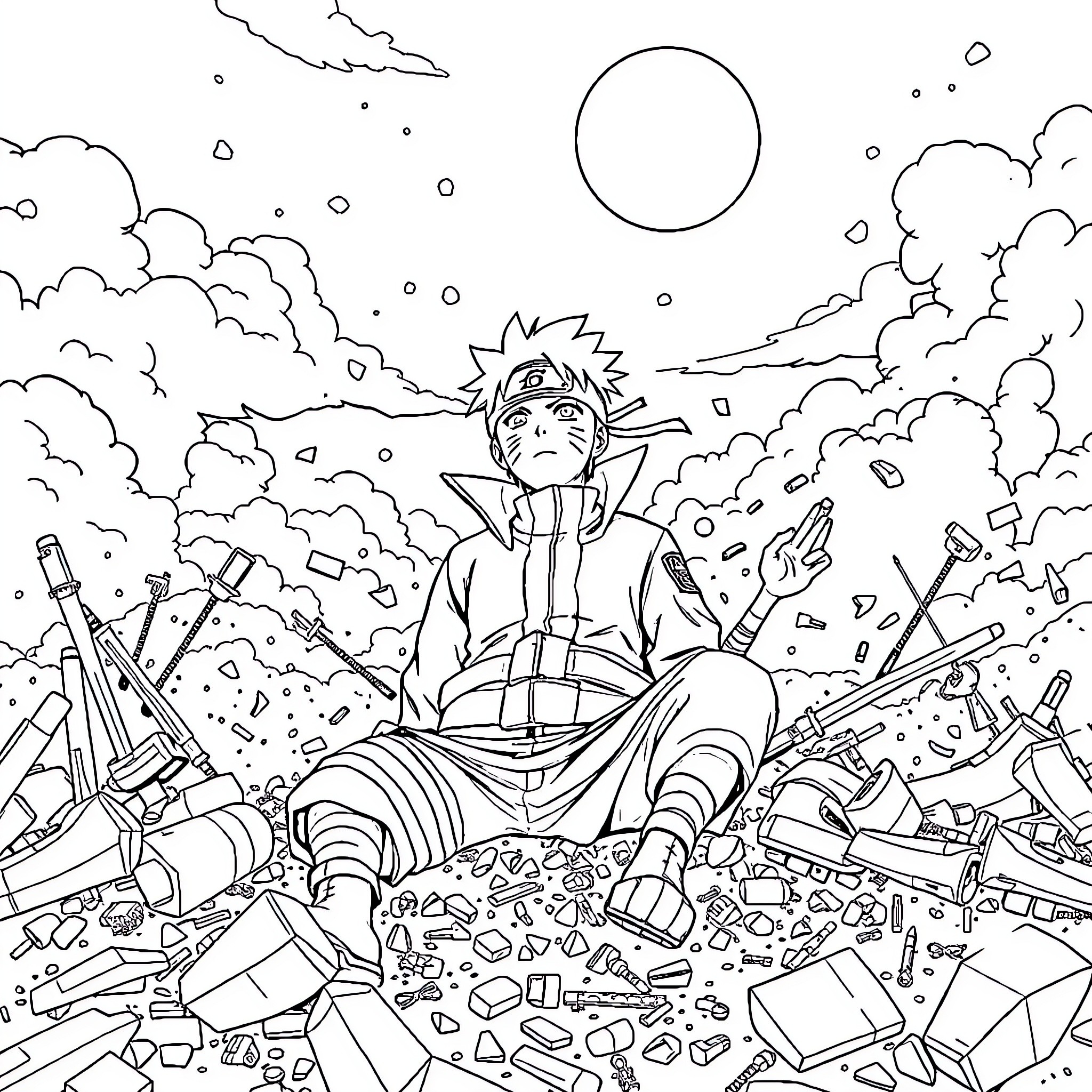 Naruto Seated Amidst Rubble and Destruction Coloring Page (free black-and-white line drawing printable PDF for all, from beginners to advanced learners, including children, teens, adults, and seniors)