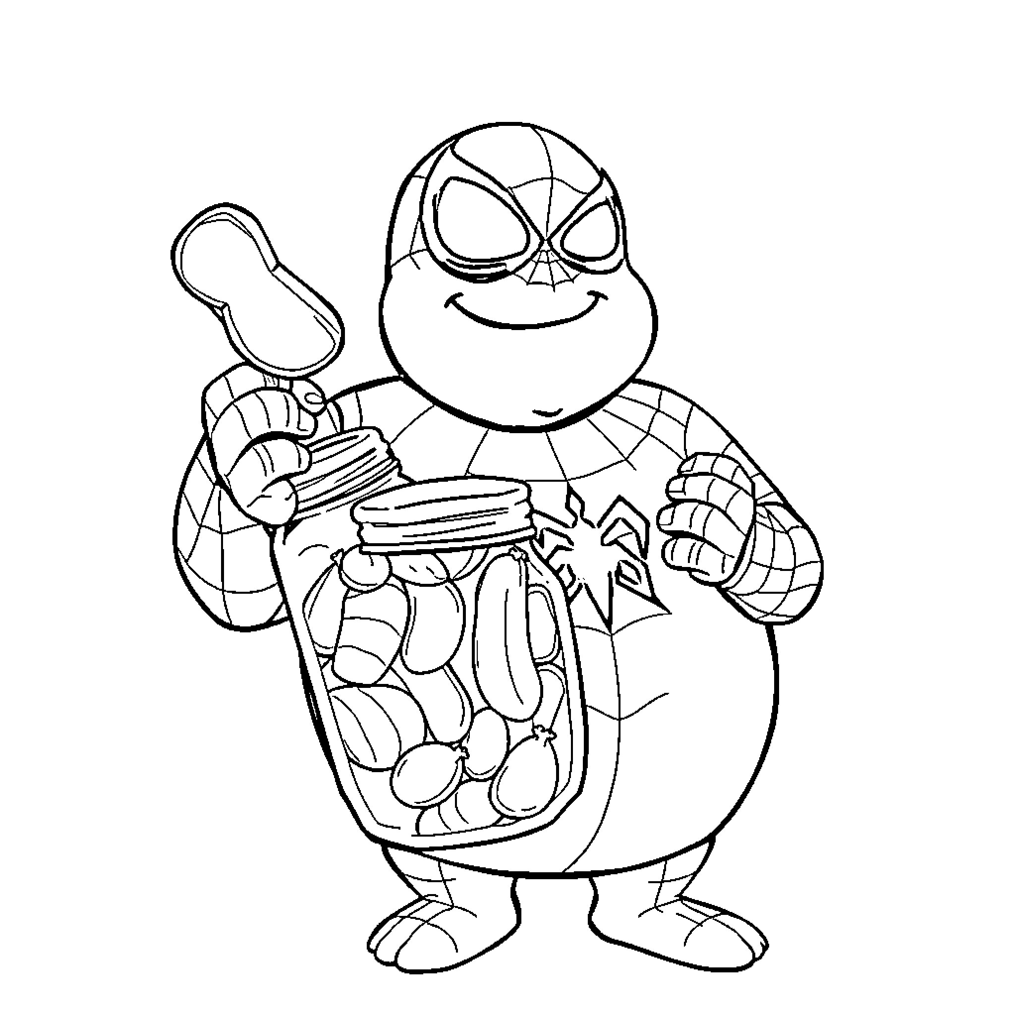 Spider-Man Enjoying Tasty Treats Coloring Page (free black-and-white line drawing printable PDF for all, from beginners to advanced learners, including children, teens, adults, and seniors)