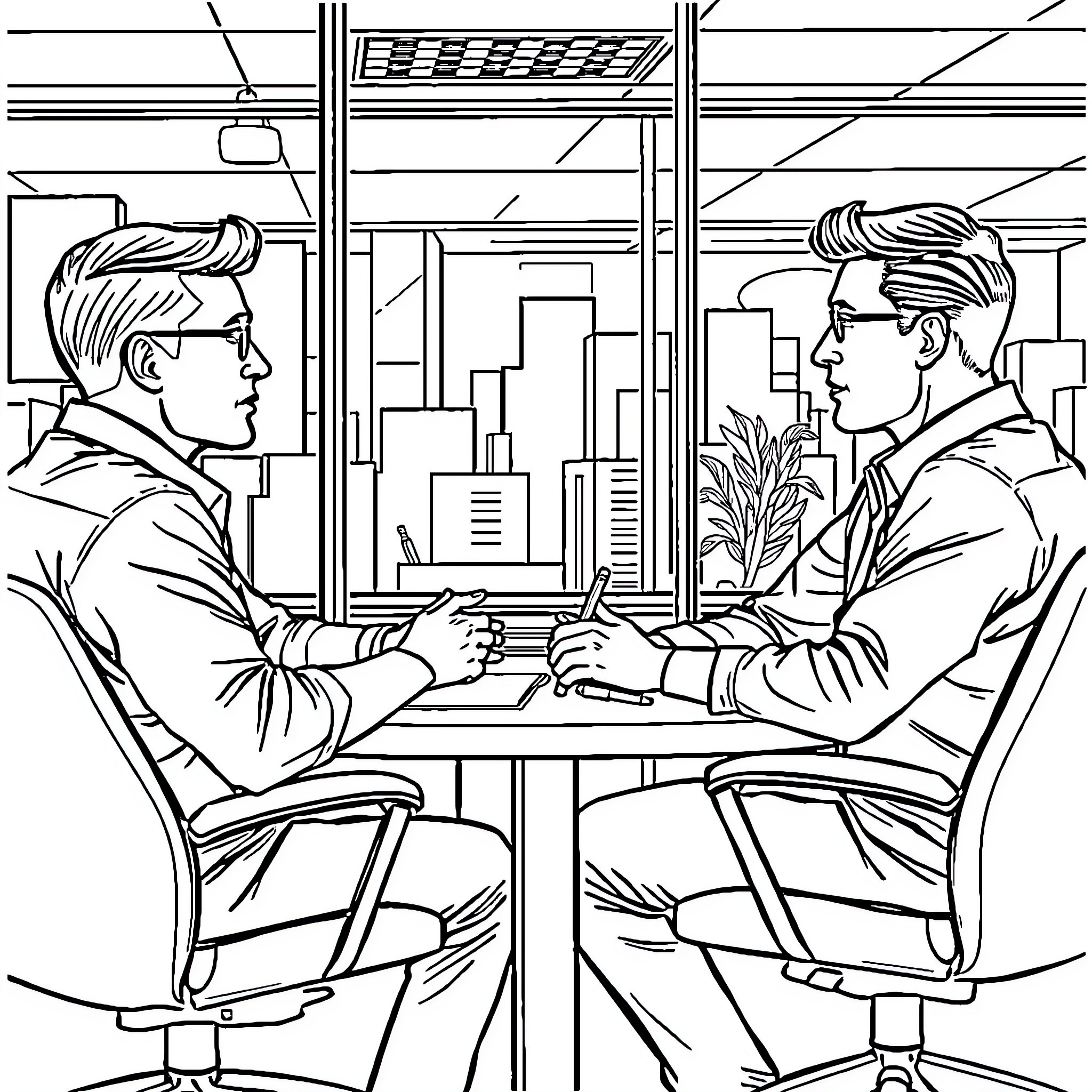Employees discussing business in office setting Coloring Page (free black-and-white line drawing printable PDF for all, from beginners to advanced learners, including children, teens, adults, and seniors)