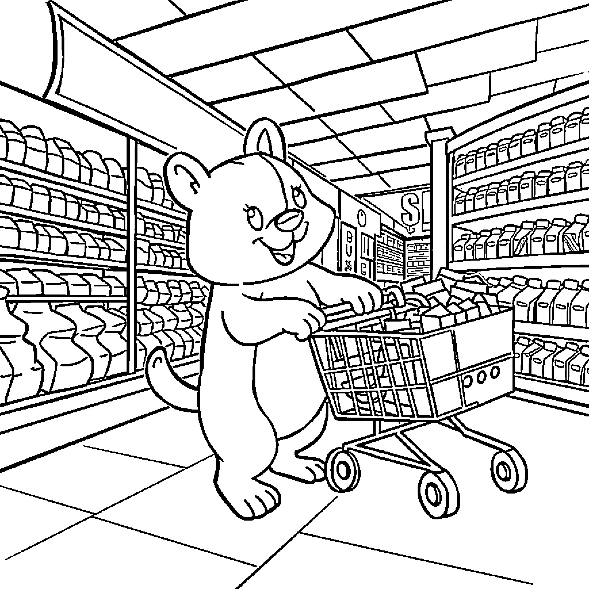 Perrito shopping happily in the grocery store Coloring Page (free black-and-white line drawing printable PDF for all, from beginners to advanced learners, including children, teens, adults, and seniors)