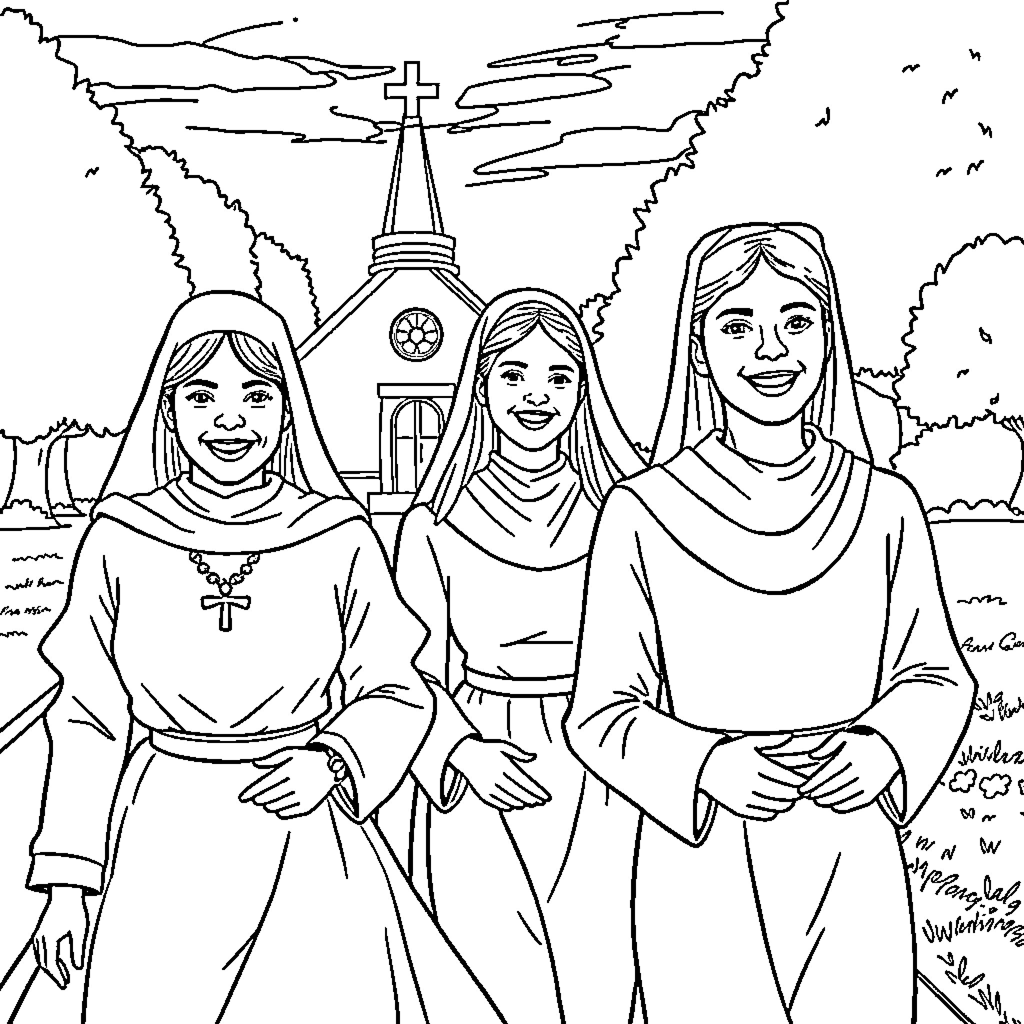 Mormon Women Praying at Church Coloring Page (free black-and-white line drawing printable PDF for all, from beginners to advanced learners, including children, teens, adults, and seniors)