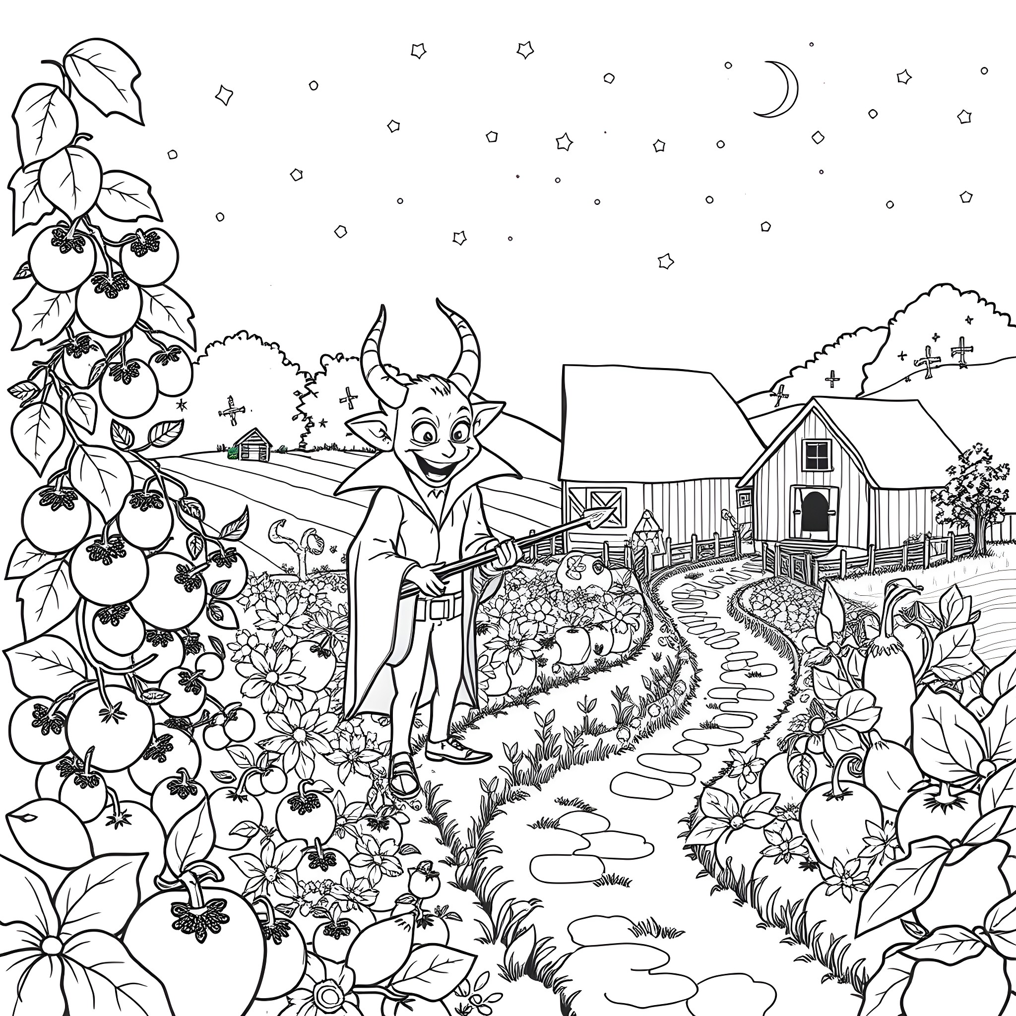 Vampire walking through a whimsical countryside at night Coloring Page (free black-and-white line drawing printable PDF for all, from beginners to advanced learners, including children, teens, adults, and seniors)