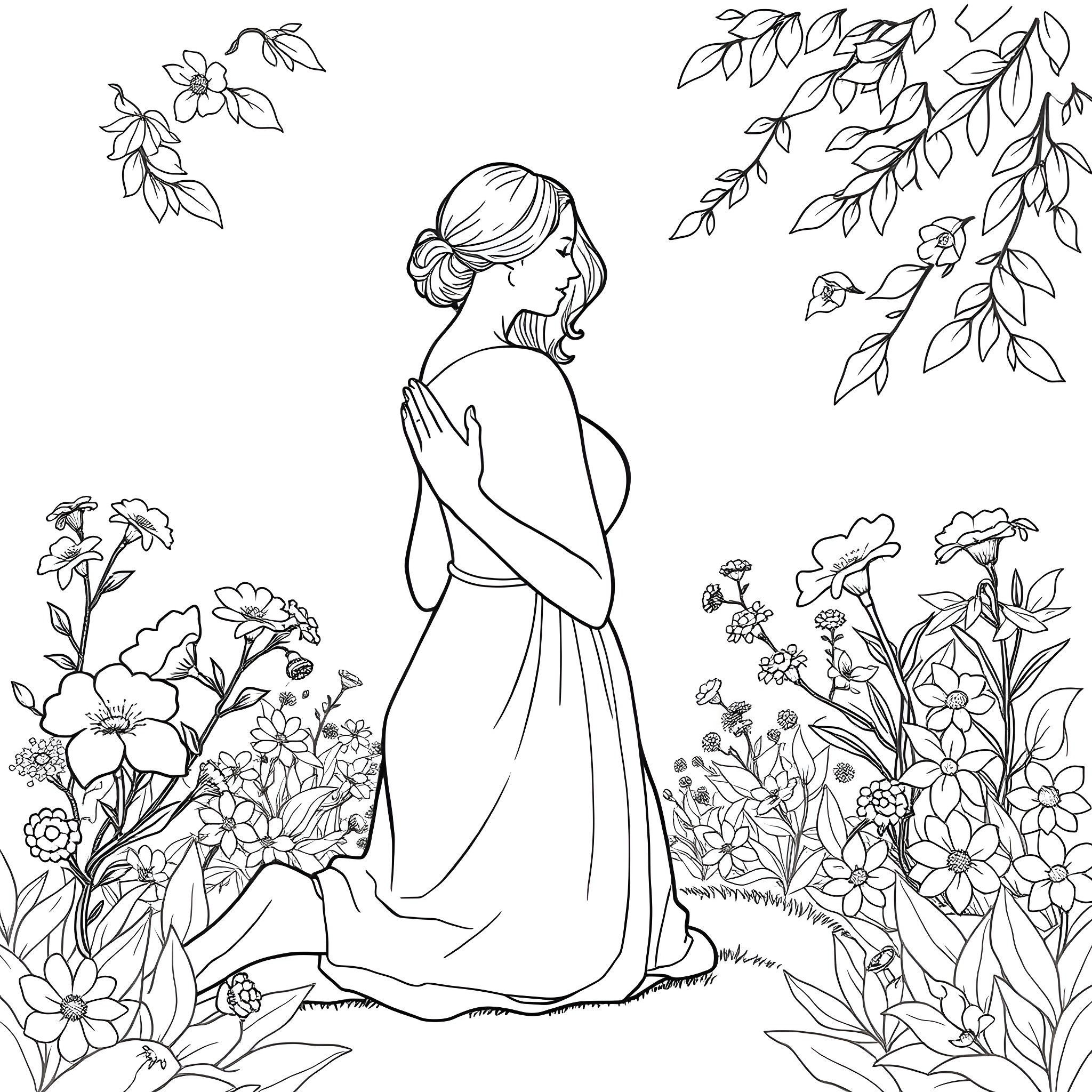 Mother enjoying a peaceful moment in nature Coloring Page (free black-and-white line drawing printable PDF for all, from beginners to advanced learners, including children, teens, adults, and seniors)