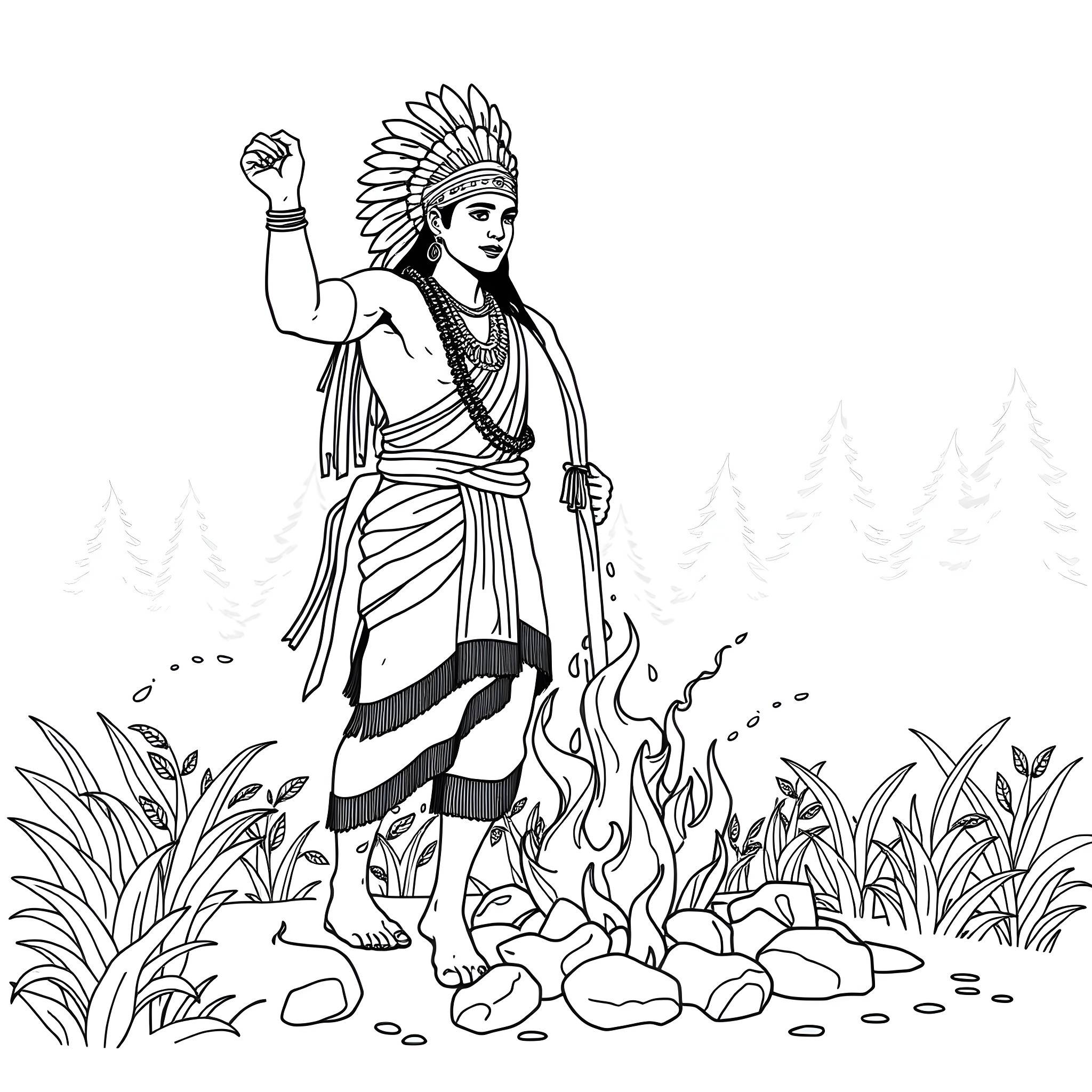Indian Tribal Warrior Standing by Campfire in Nature Coloring Page (free black-and-white line drawing printable PDF for all, from beginners to advanced learners, including children, teens, adults, and seniors)