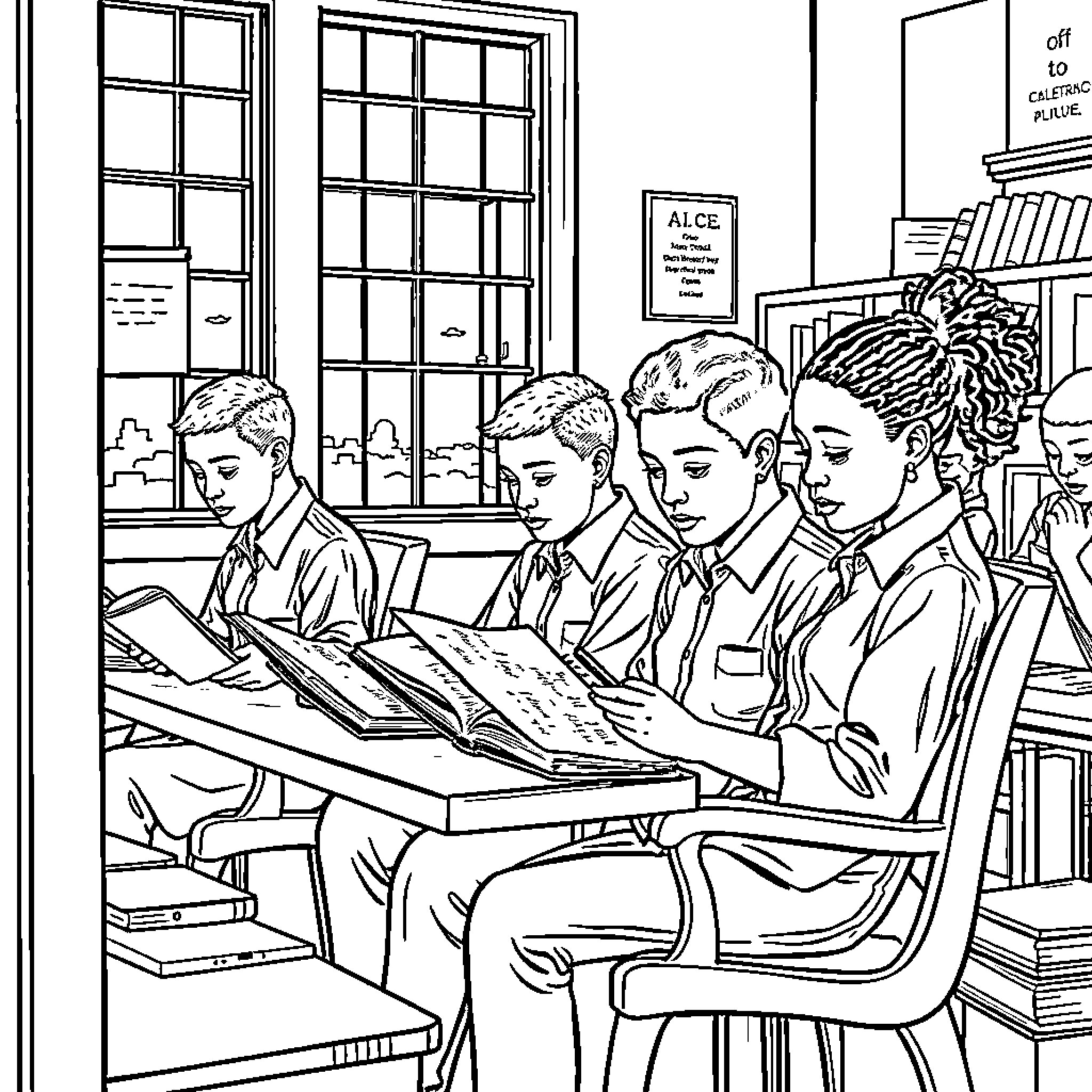 Bible study group gathered in a library Coloring Page (free black-and-white line drawing printable PDF for all, from beginners to advanced learners, including children, teens, adults, and seniors)