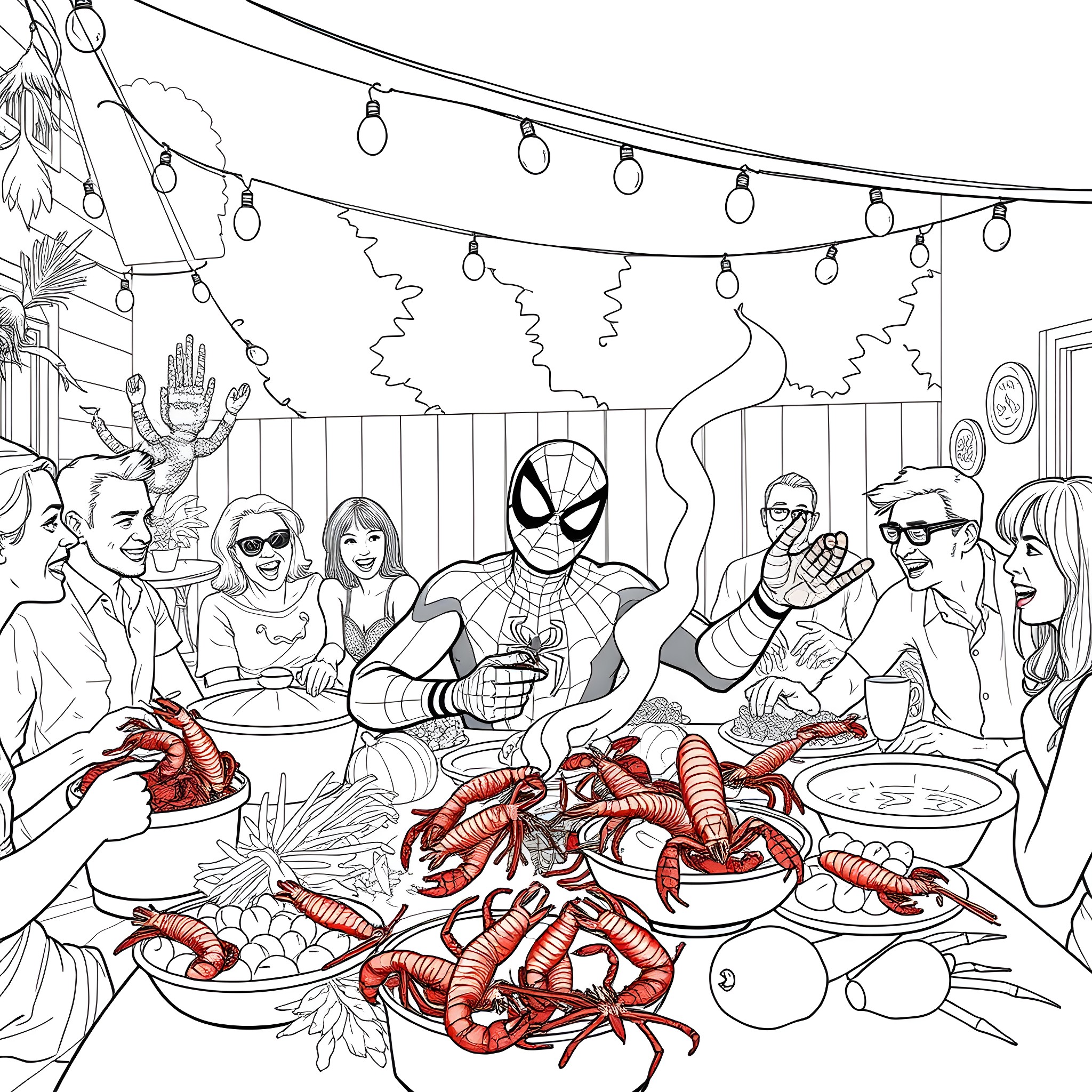 Spider-Man Celebrates Seafood Feast with Friends Coloring Page (free black-and-white line drawing printable PDF for all, from beginners to advanced learners, including children, teens, adults, and seniors)