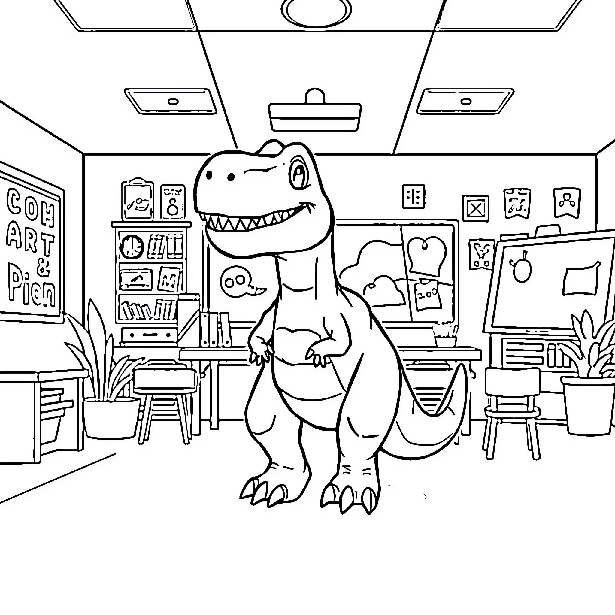 T-Rex exploring an art studio Coloring Page (free black-and-white line drawing printable PDF for all, from beginners to advanced learners, including children, teens, adults, and seniors)
