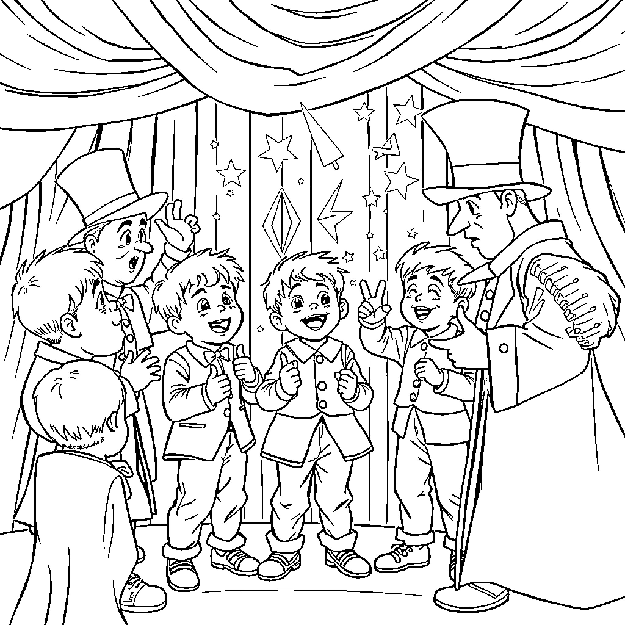 Magician Performing Tricks for Excited Children on Stage Coloring Page (free black-and-white line drawing printable PDF for all, from beginners to advanced learners, including children, teens, adults, and seniors)