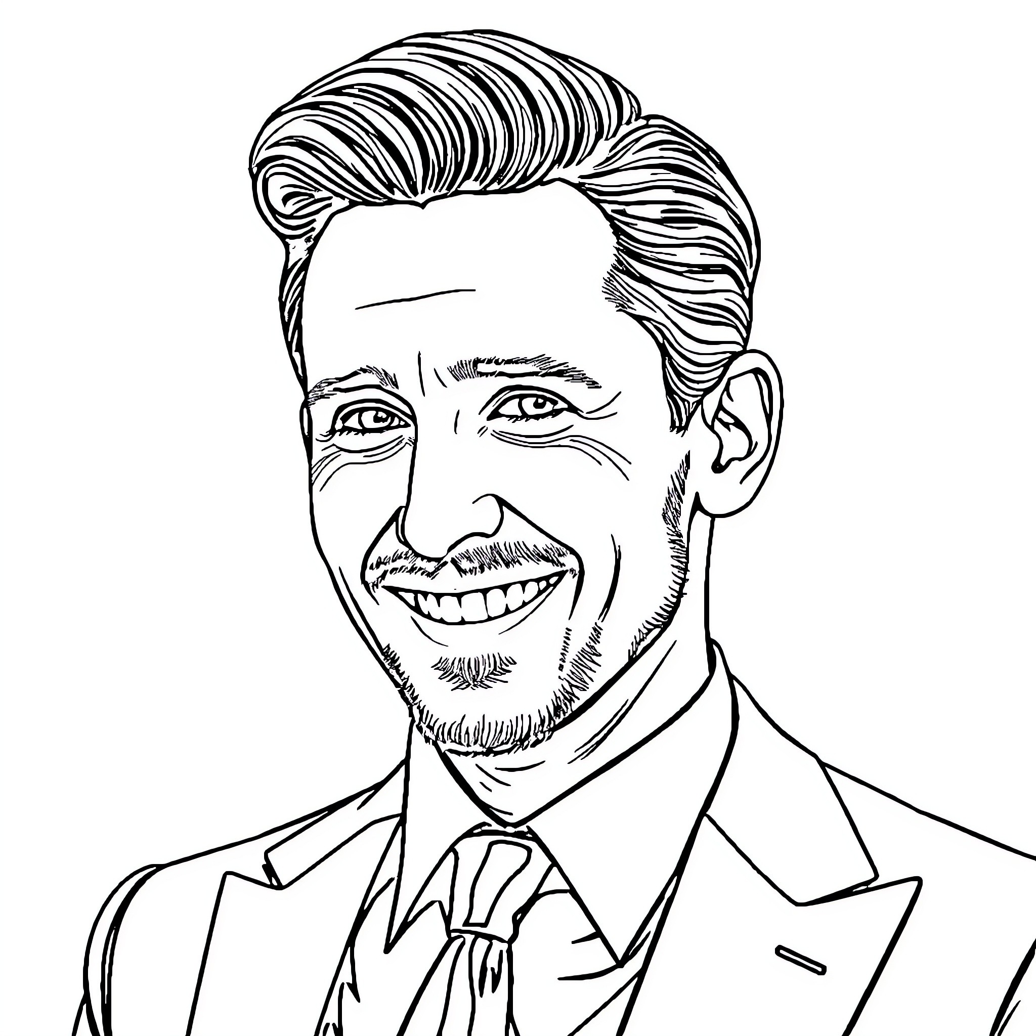 Tom Hiddleston smiling in a formal suit Coloring Page (free black-and-white line drawing printable PDF for all, from beginners to advanced learners, including children, teens, adults, and seniors)