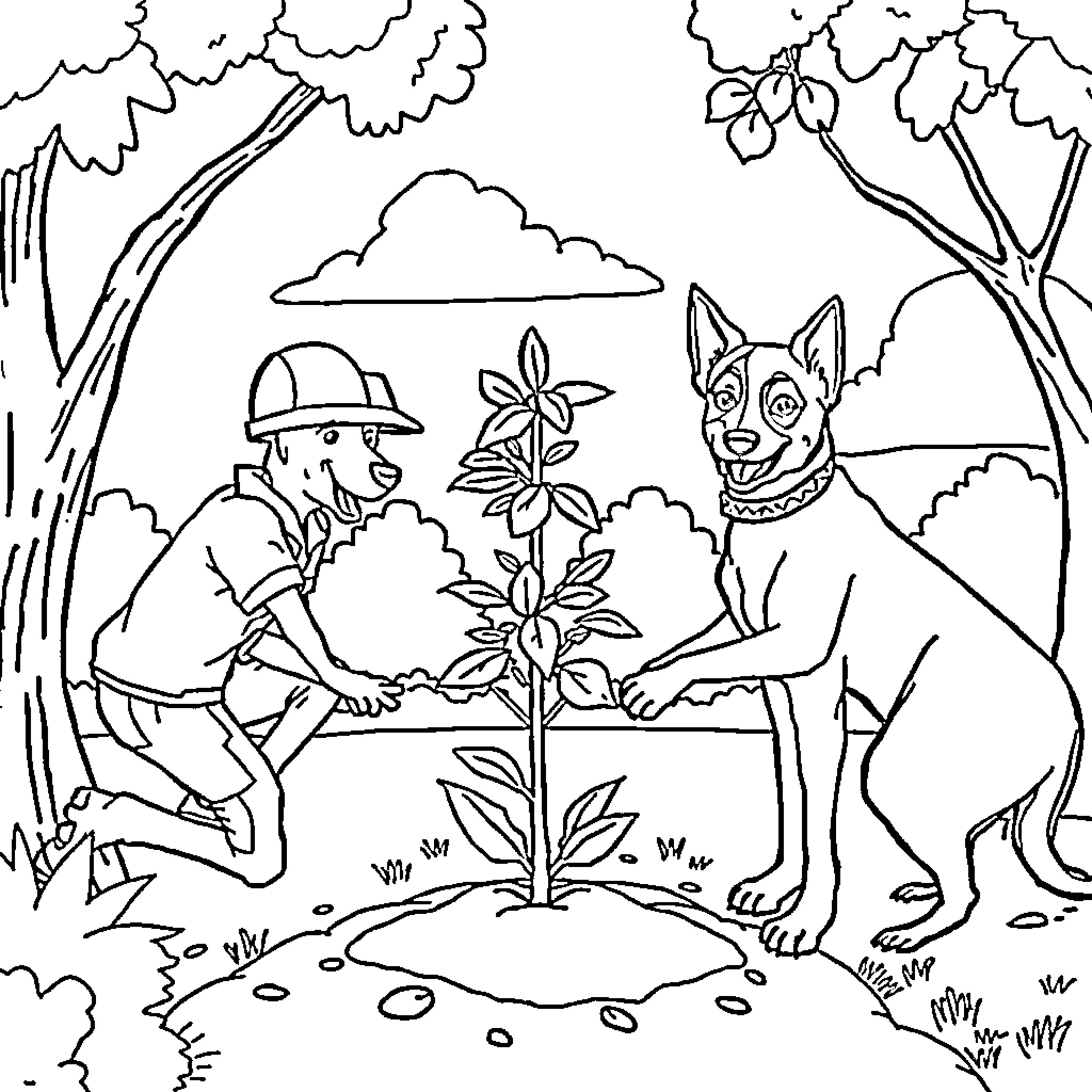 Paw Patrol characters gardening in the forest Coloring Page (free black-and-white line drawing printable PDF for all, from beginners to advanced learners, including children, teens, adults, and seniors)