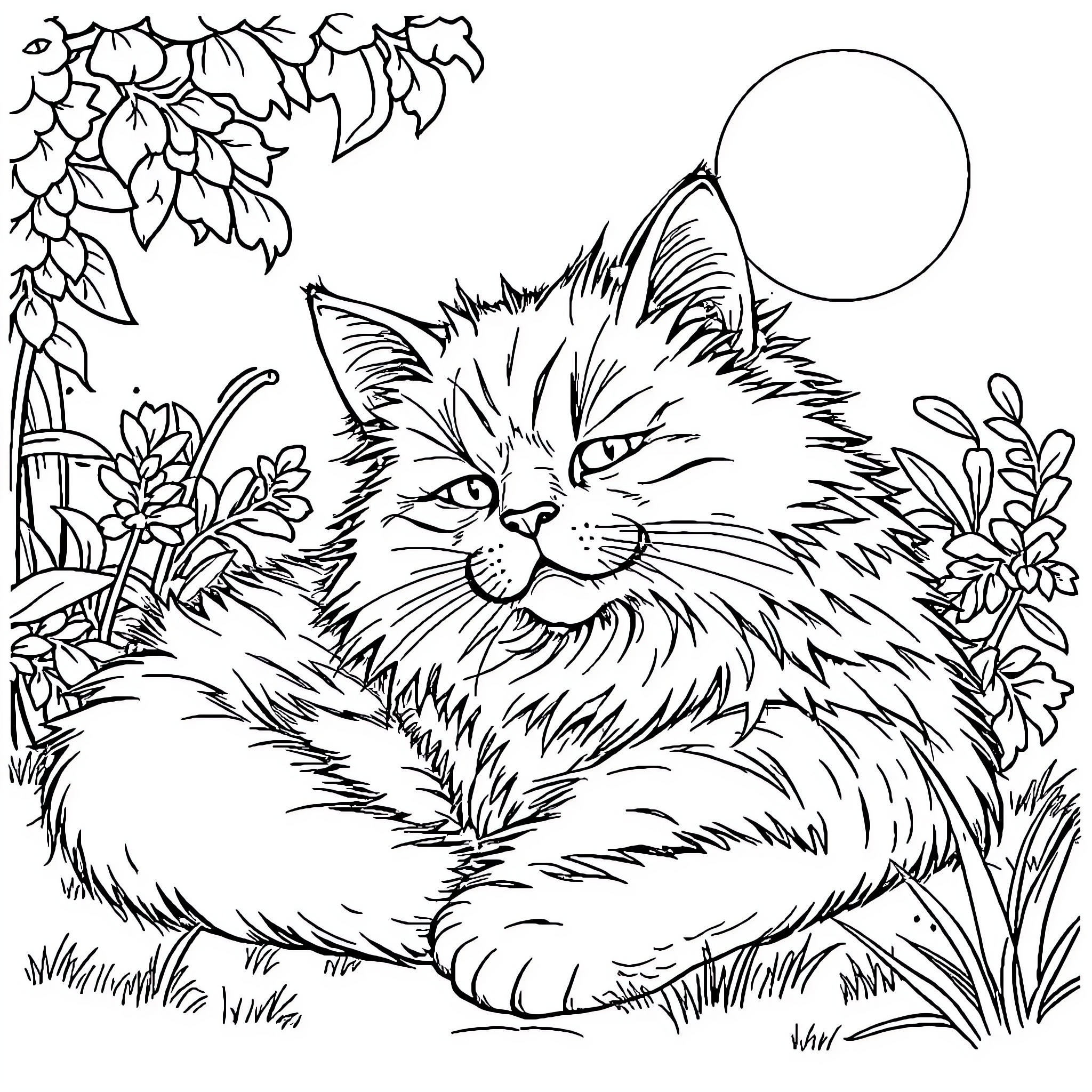 Cat relaxing in a floral garden Coloring Page (free black-and-white line drawing printable PDF for all, from beginners to advanced learners, including children, teens, adults, and seniors)