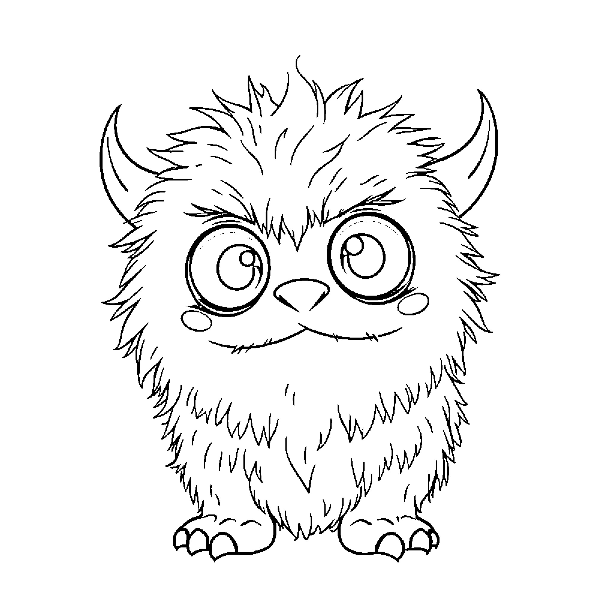 Monster with Expressive Fuzzy Features Coloring Page (free black-and-white line drawing printable PDF for all, from beginners to advanced learners, including children, teens, adults, and seniors)