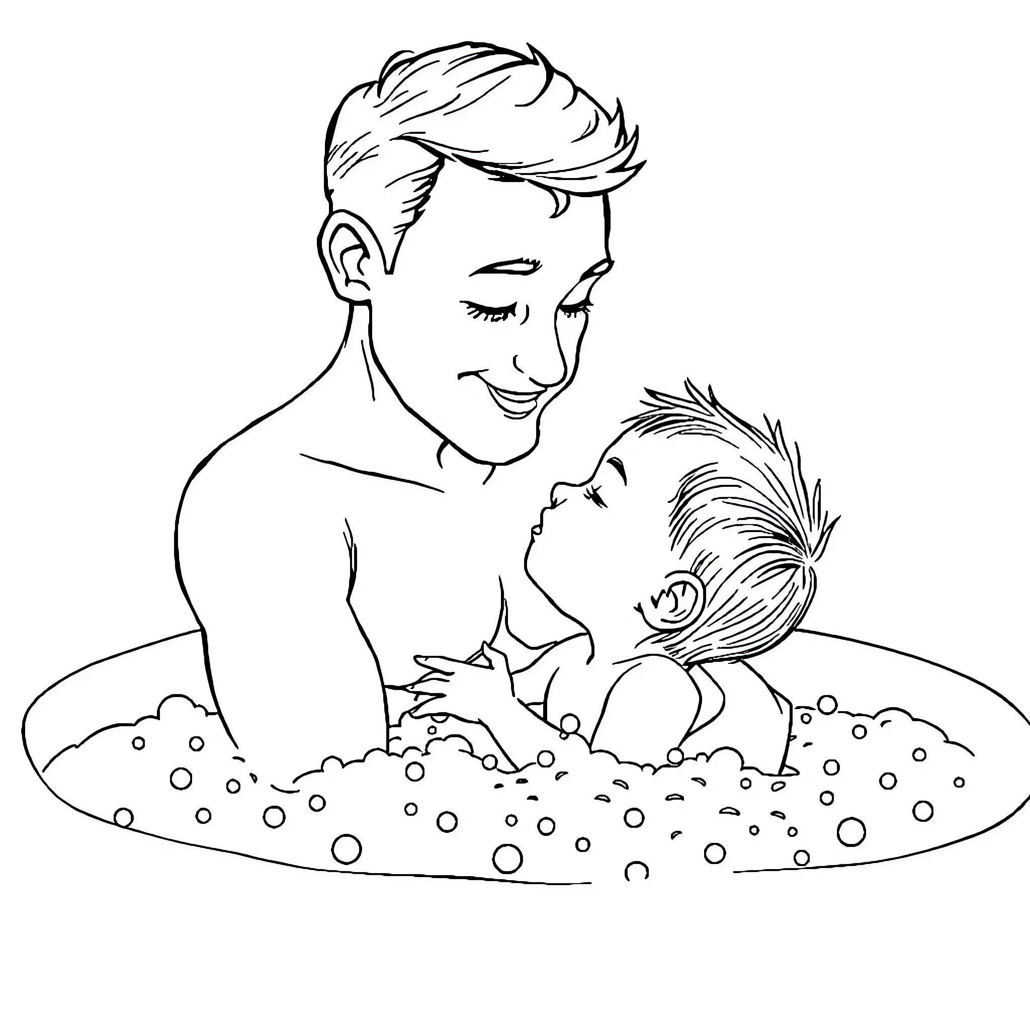 Father playing affectionately with young child in bath Coloring Page (free black-and-white line drawing printable PDF for all, from beginners to advanced learners, including children, teens, adults, and seniors)