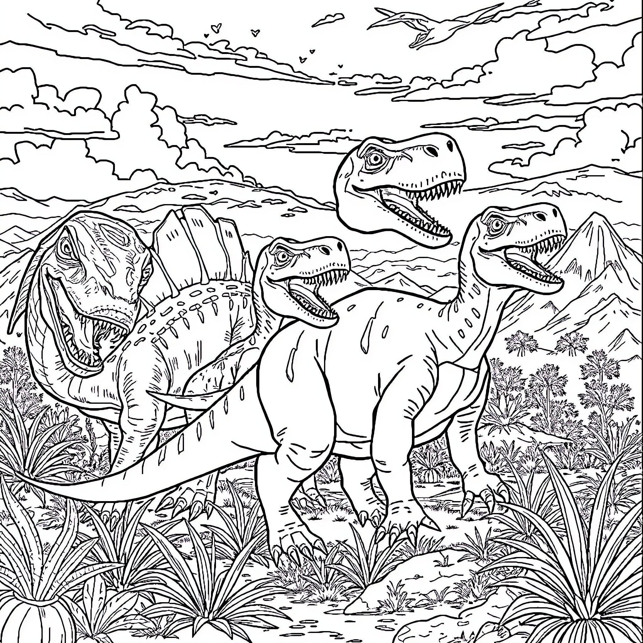 Dinosaurs roaming through a prehistoric landscape Coloring Page (free black-and-white line drawing printable PDF for all, from beginners to advanced learners, including children, teens, adults, and seniors)