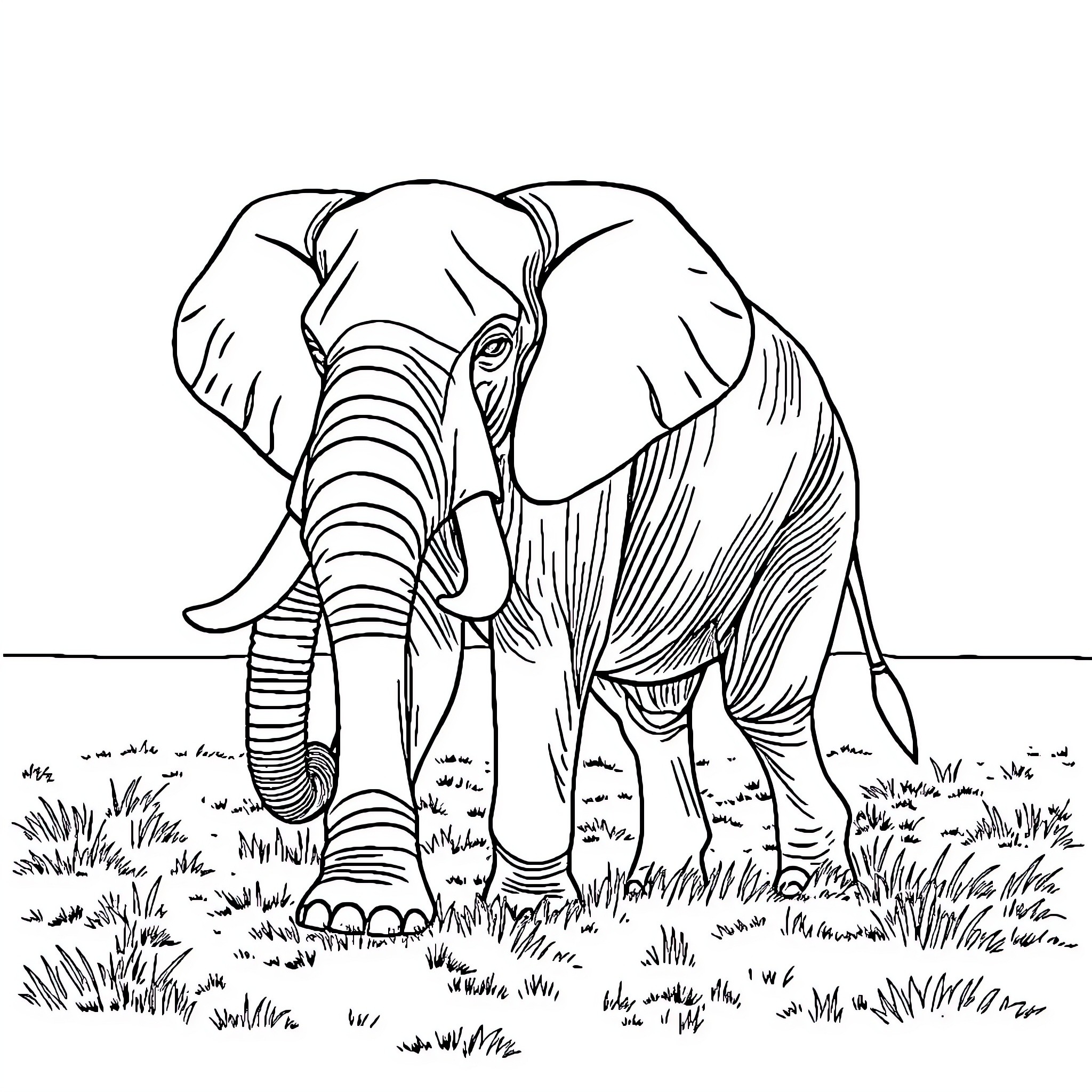 Elephant walking through the grassland Coloring Page (free black-and-white line drawing printable PDF for all, from beginners to advanced learners, including children, teens, adults, and seniors)