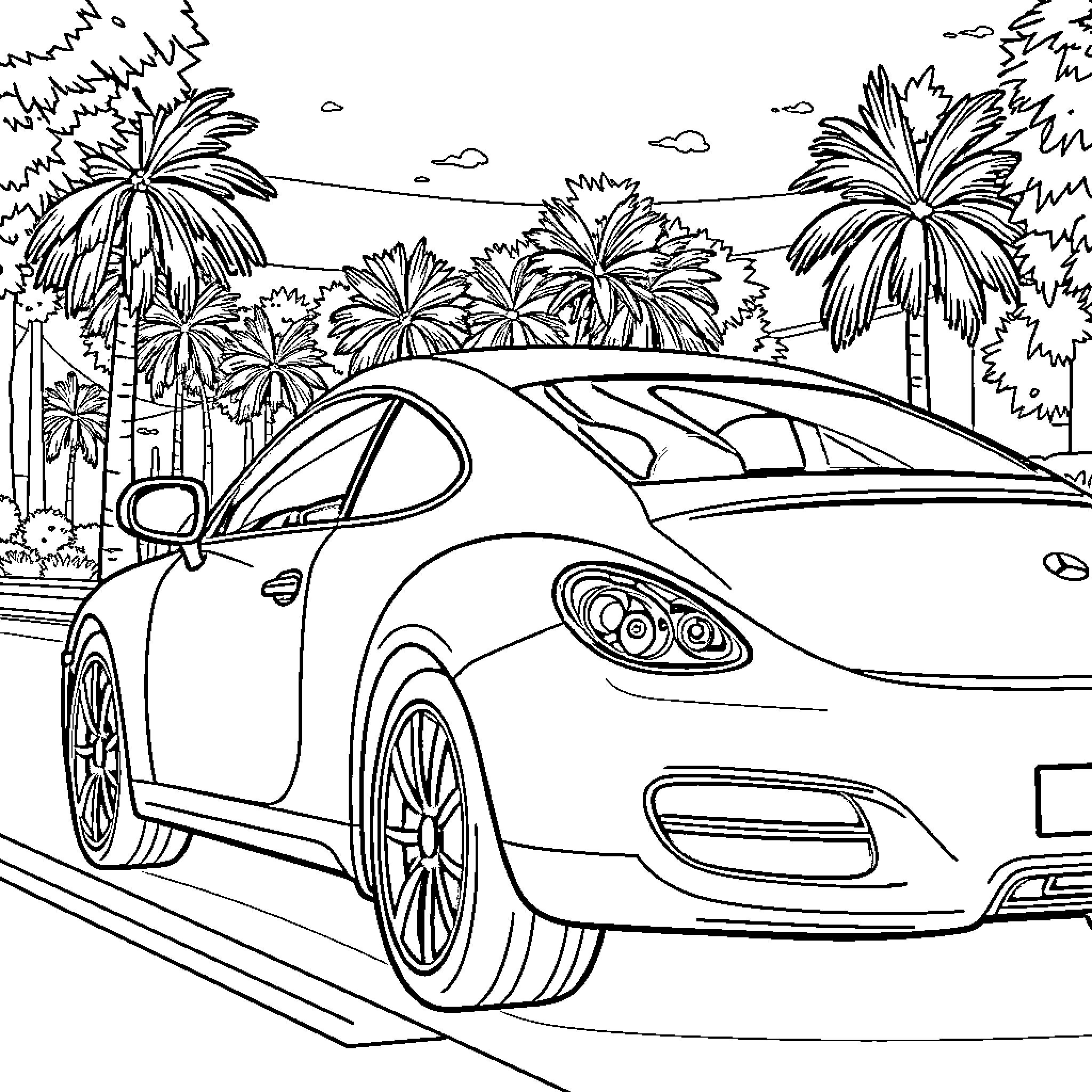 Automobile in tropical landscape with palm trees Coloring Page (free black-and-white line drawing printable PDF for all, from beginners to advanced learners, including children, teens, adults, and seniors)
