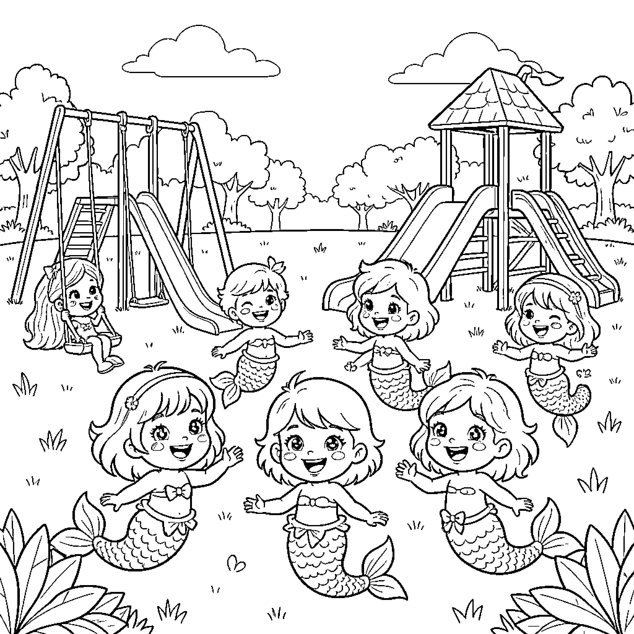 Mermaid children playing happily on the playground Coloring Page (free black-and-white line drawing printable PDF for all, from beginners to advanced learners, including children, teens, adults, and seniors)