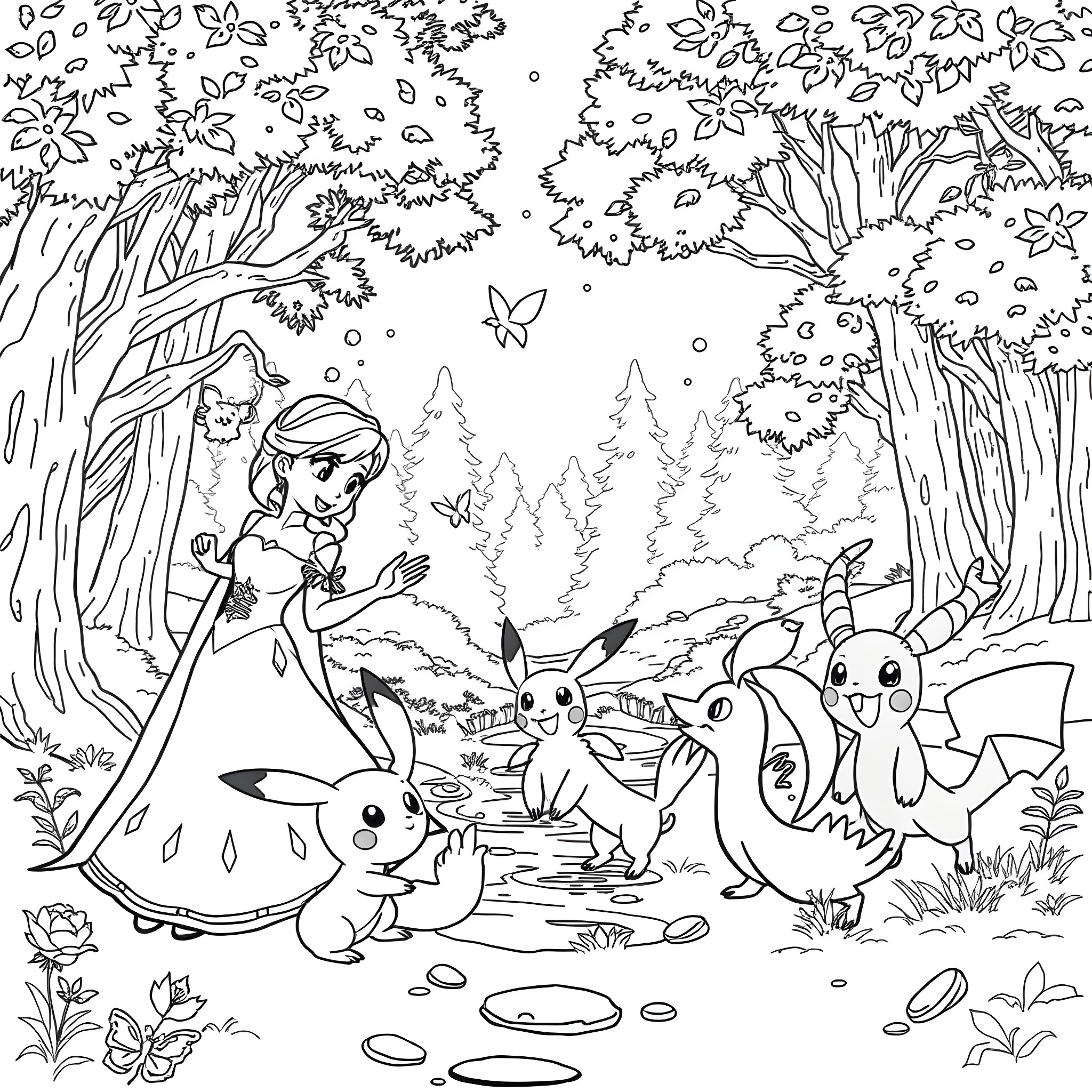 Anna and Elsa playing with Pokemon characters in the forest Coloring Page (free black-and-white line drawing printable PDF for all, from beginners to advanced learners, including children, teens, adults, and seniors)