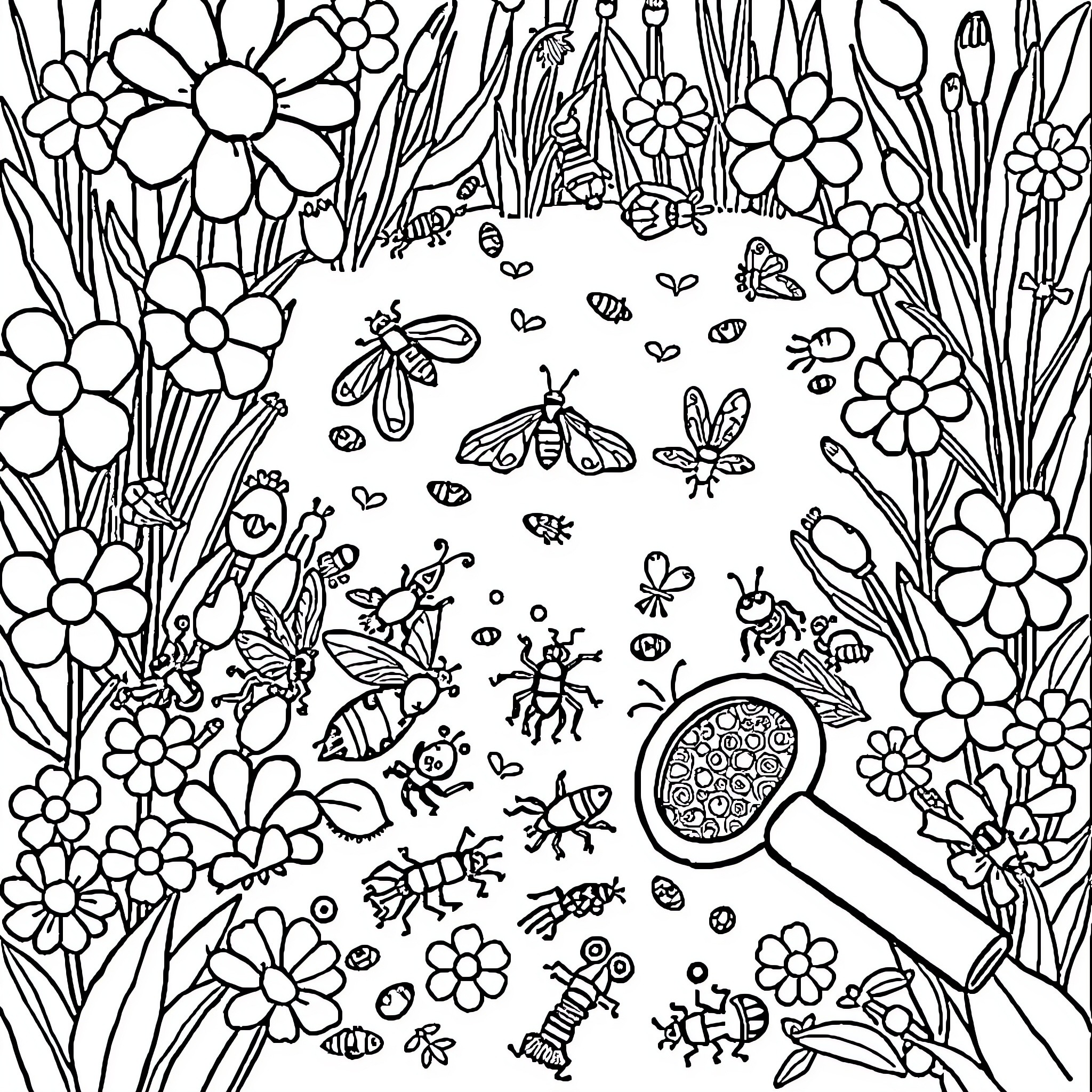 Insect-filled nature scene with flowers and wildlife Coloring Page (free black-and-white line drawing printable PDF for all, from beginners to advanced learners, including children, teens, adults, and seniors)