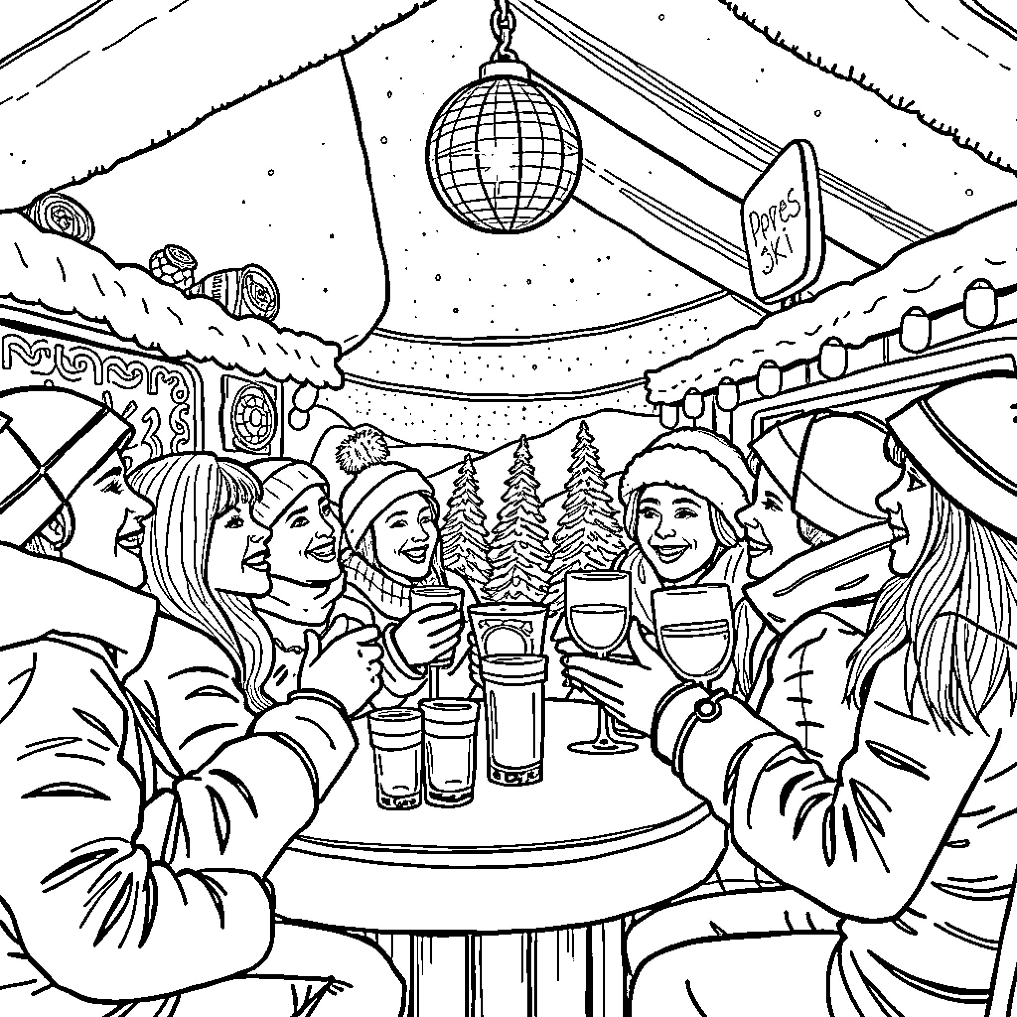 Bar scene with friends celebrating and socializing Coloring Page (free black-and-white line drawing printable PDF for all, from beginners to advanced learners, including children, teens, adults, and seniors)