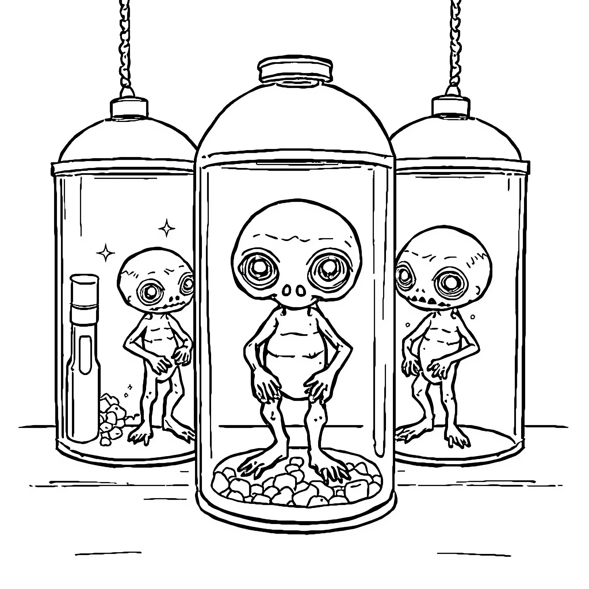Homunculus Specimens Displayed in Jars Coloring Page (free black-and-white line drawing printable PDF for all, from beginners to advanced learners, including children, teens, adults, and seniors)