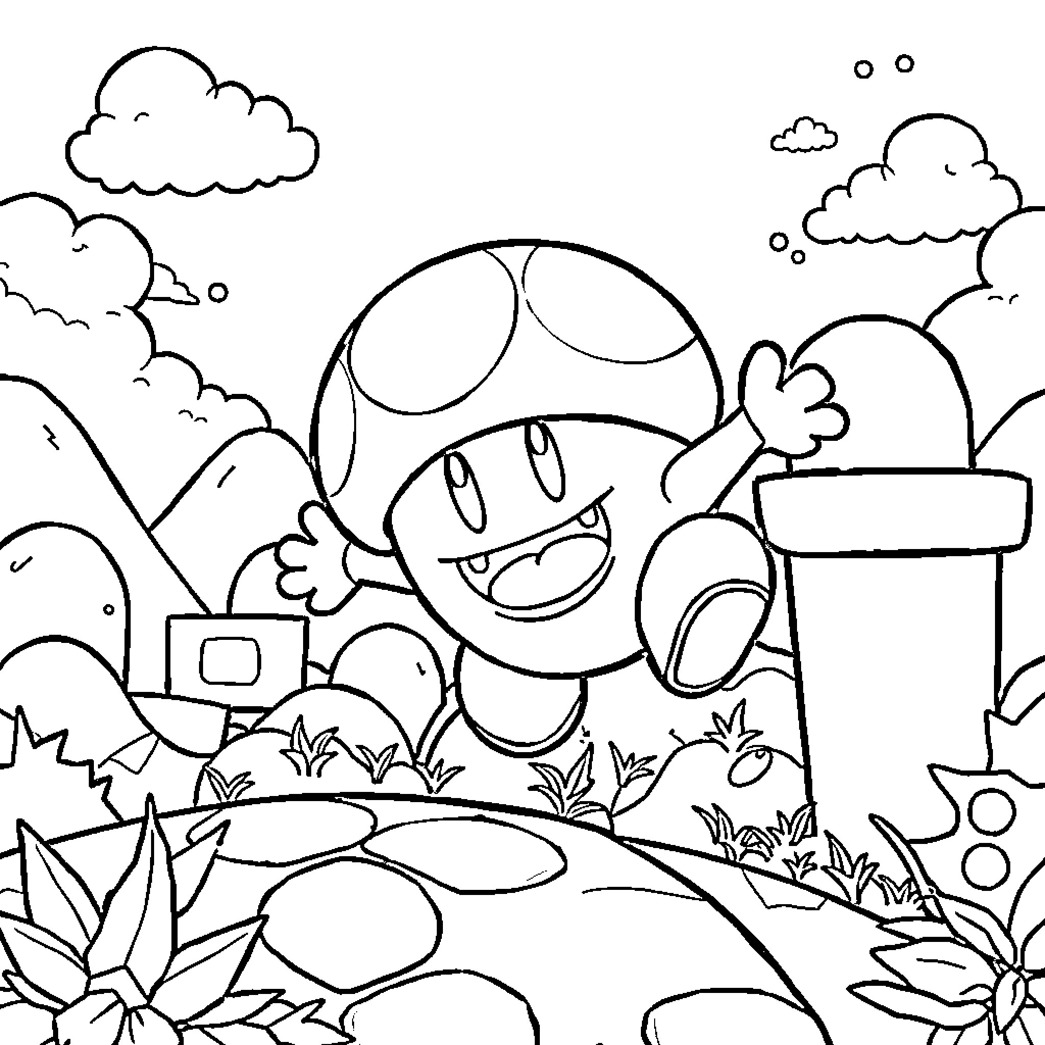 Goomba explores the magical mushroom kingdom Coloring Page (free black-and-white line drawing printable PDF for all, from beginners to advanced learners, including children, teens, adults, and seniors)