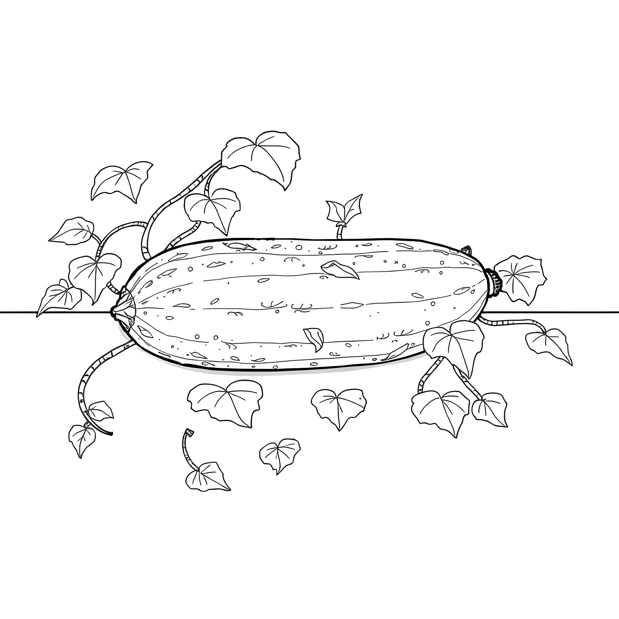 Cucumber surrounded by leaves in a simple illustration Coloring Page (free black-and-white line drawing printable PDF for all, from beginners to advanced learners, including children, teens, adults, and seniors)