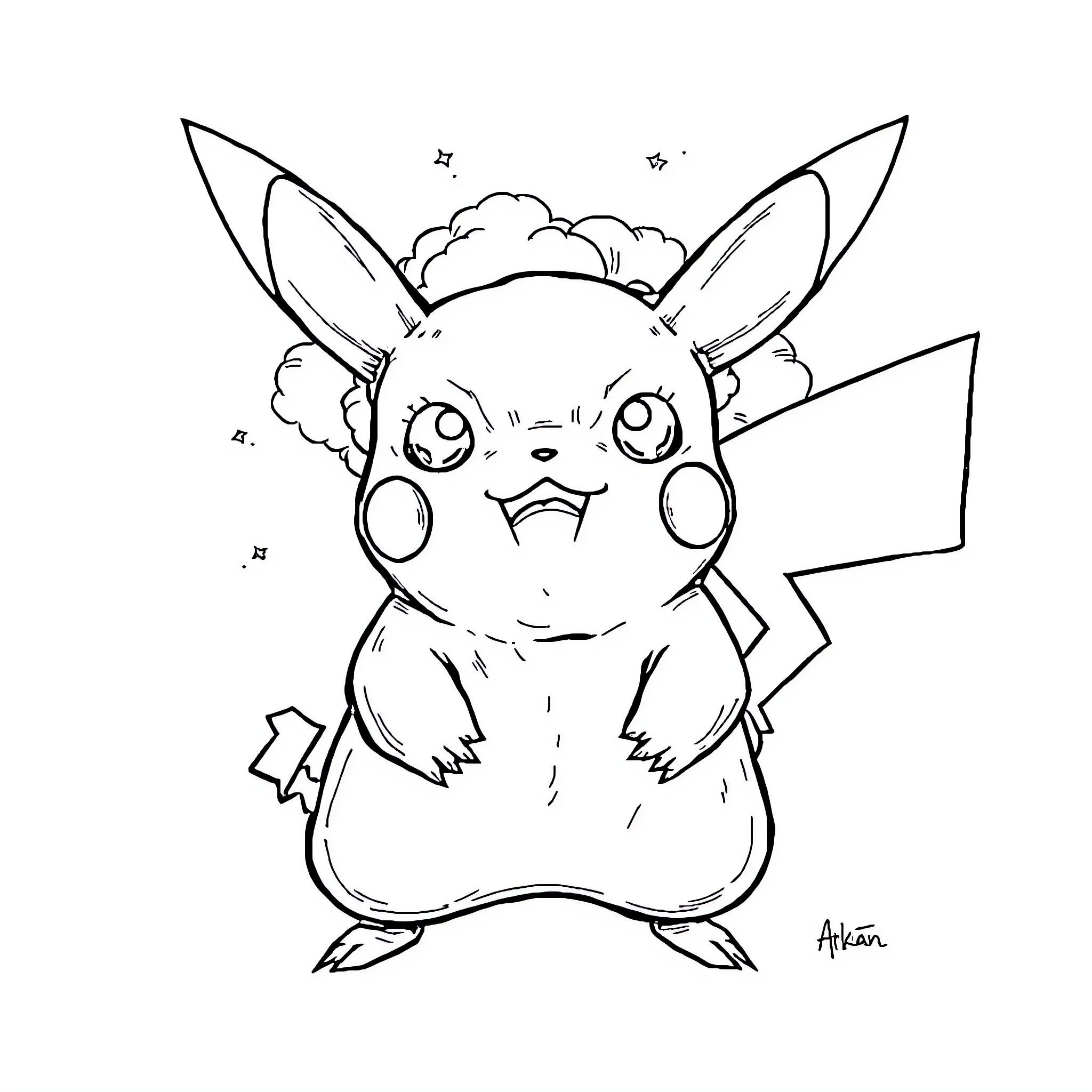 Pikachu with a surprised expression Coloring Page (free black-and-white line drawing printable PDF for all, from beginners to advanced learners, including children, teens, adults, and seniors)