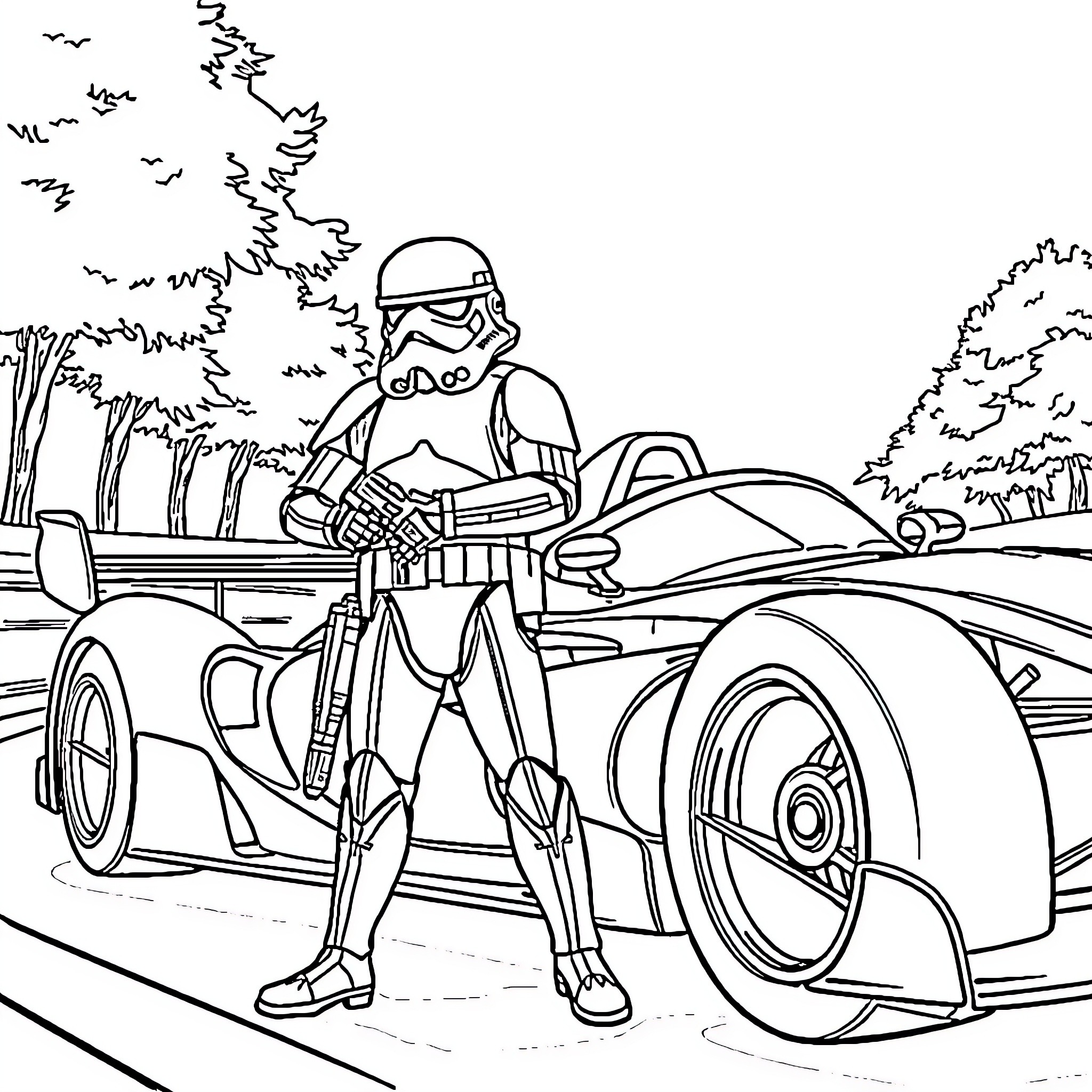 Stormtrooper riding futuristic vehicle through the woods Coloring Page (free black-and-white line drawing printable PDF for all, from beginners to advanced learners, including children, teens, adults, and seniors)