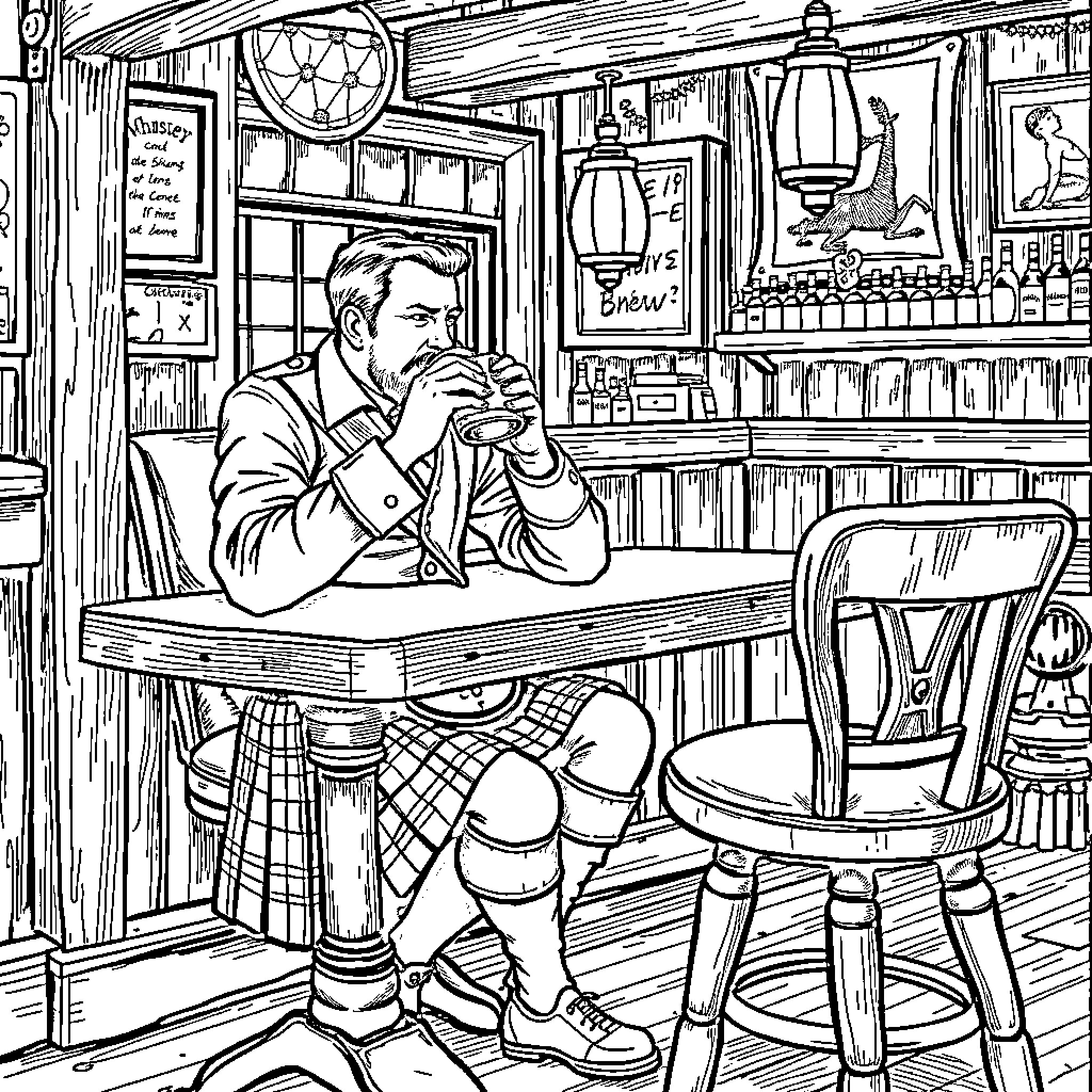 Scotsman sitting and enjoying a drink at the local pub Coloring Page (free black-and-white line drawing printable PDF for all, from beginners to advanced learners, including children, teens, adults, and seniors)
